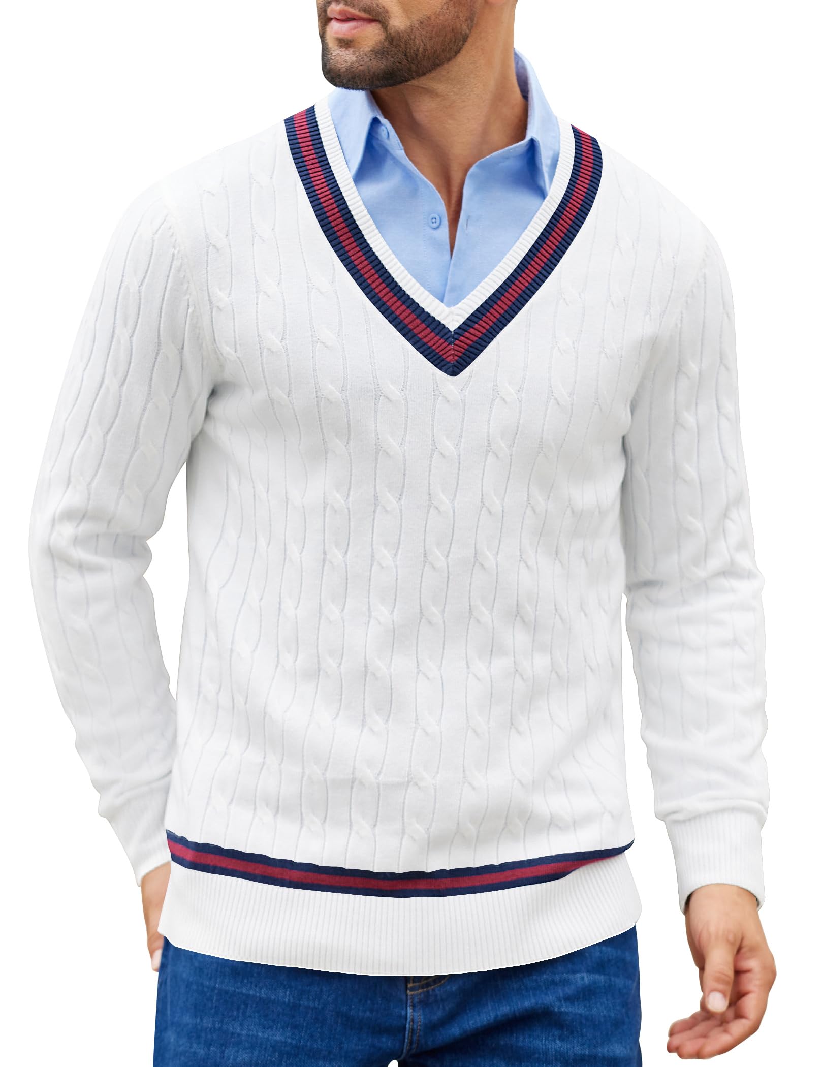 coofandy Mens V Neck Sweater Long Sleeve Cable Knit Sweater Fall Winter Pullover Slim Fit Stretchy Fabric Preppy Style-picture-36