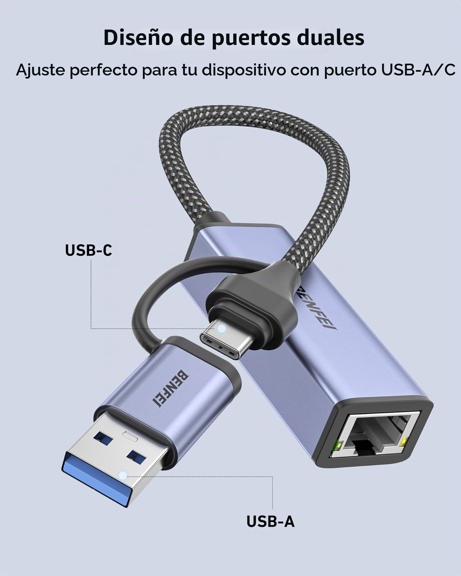 BENFEI Adaptador USB 3.0 a Ethernet RJ45 10/100/1000 Gigabit Ethernet LAN Compatible con MacBook, Surface Pro, PC portátil con Windows7/8/10, XP, Vista, Mac[Caja de Aluminio y Cable de Nailon]