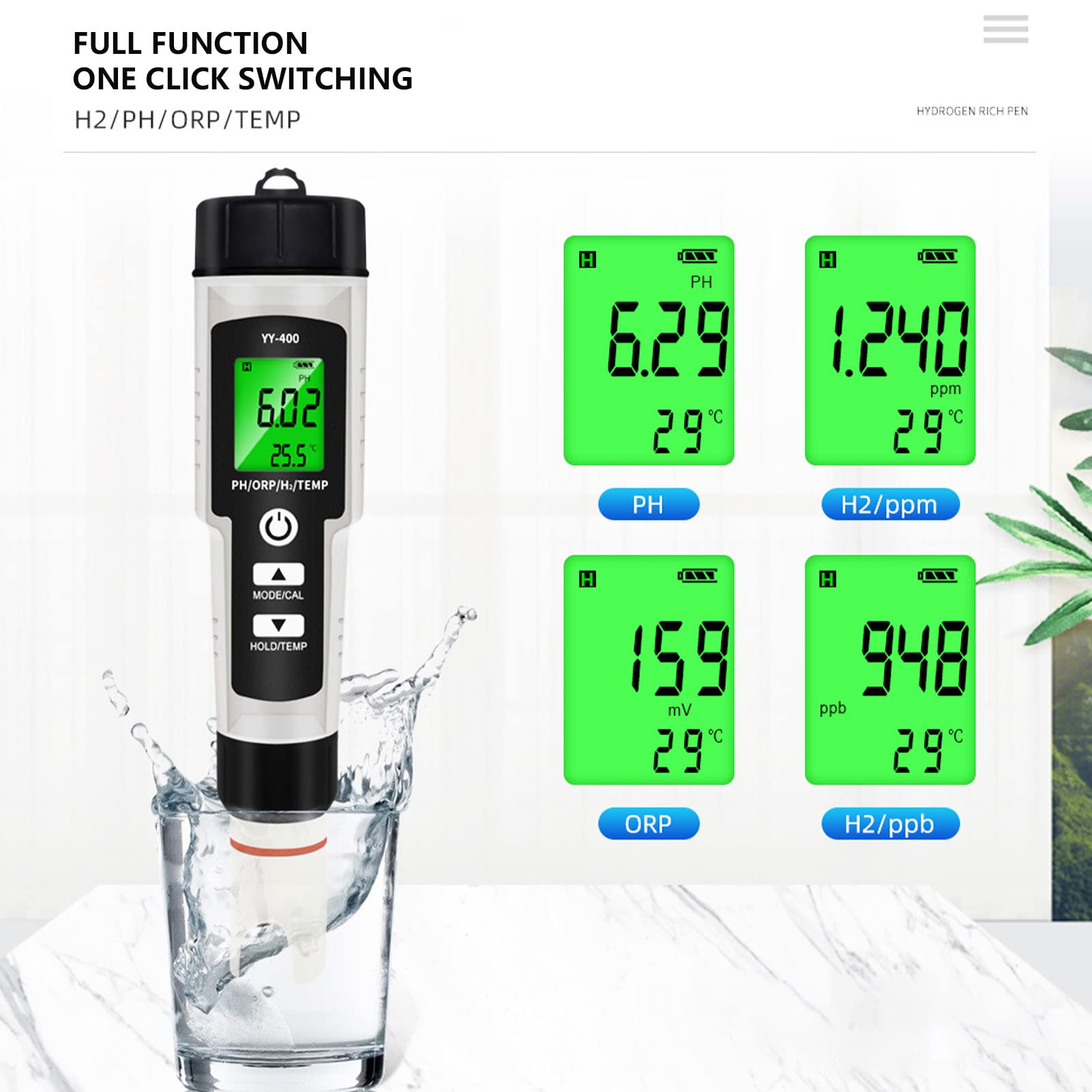 Cyfrowy Tester Wody 4 w 1 Wielofunkcyjny Tester Wody Wodorowej IP67 Wodoodporny PH H2 ORP Temp Miernik Jakości Wody z Podświetleniem Pióro do Testowania Jakości Wody Monitor