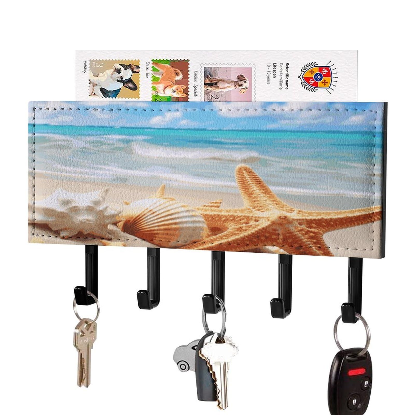 FekiLoot Starfish Seashell Ocean Beach Key Holder Wall Mount Key Hooks for Wall Decorative with 5 Hooks PU Mail Rack Organizer with Shelf for Entryway Mudroom Hallway Office 7.1X4.3 in