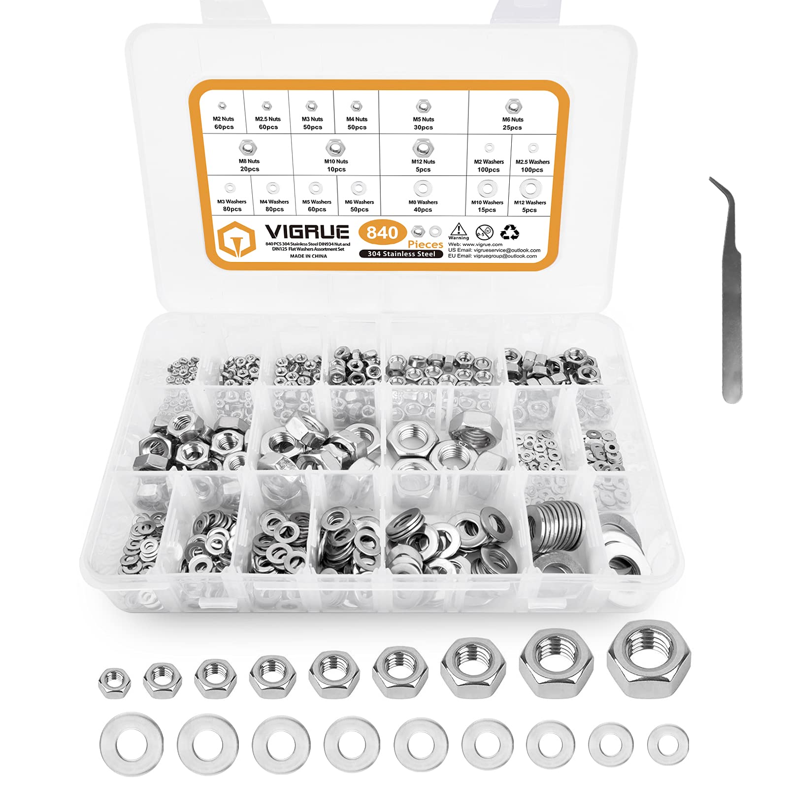 Vigrue 300 Pieces M2.5 M3 M4 M5 M6 M8 Stainless Steel Threaded Screws with Allen Keys