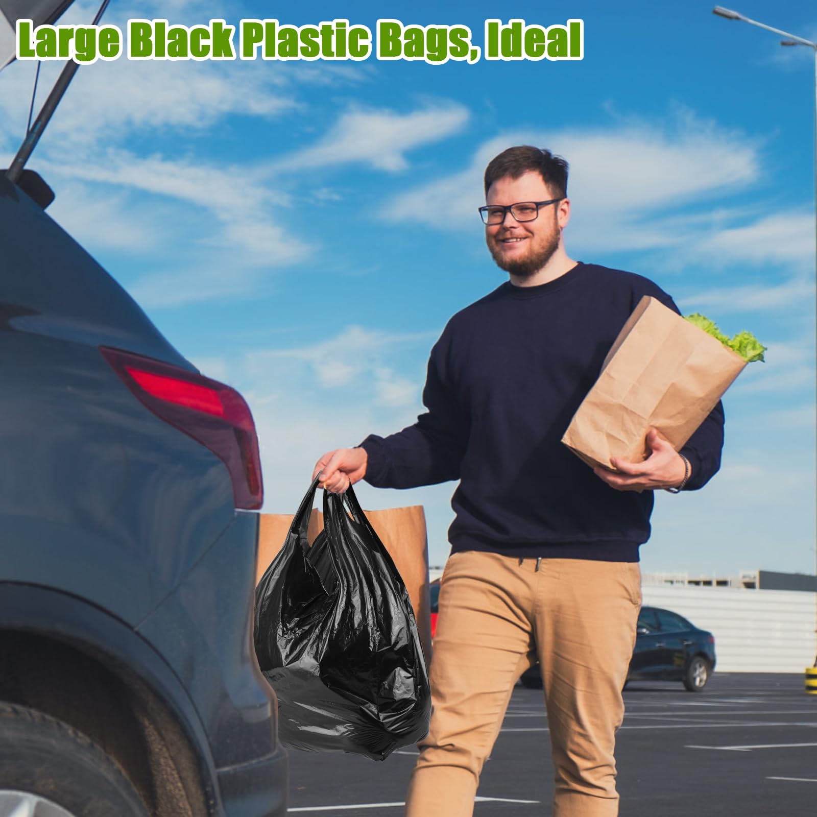 Retainbre Lot de 400 grands sacs d'épicerie noirs en plastique avec poignées, pour t-shirt, sacs de courses en vrac, 52,1 x 32 cm, 35 micros très résistants