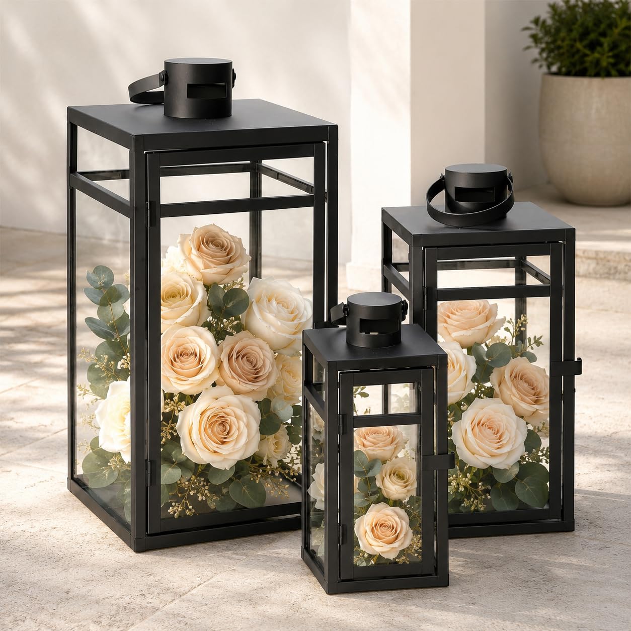 NEEDOMO Lanterne decorative in acciaio inox per esterni e interni, set di 3 lanterne da esterno per portico, 63,5 cm/49,5 cm/38,1 cm, in acciaio inossidabile con vetro, impermeabile, per casale