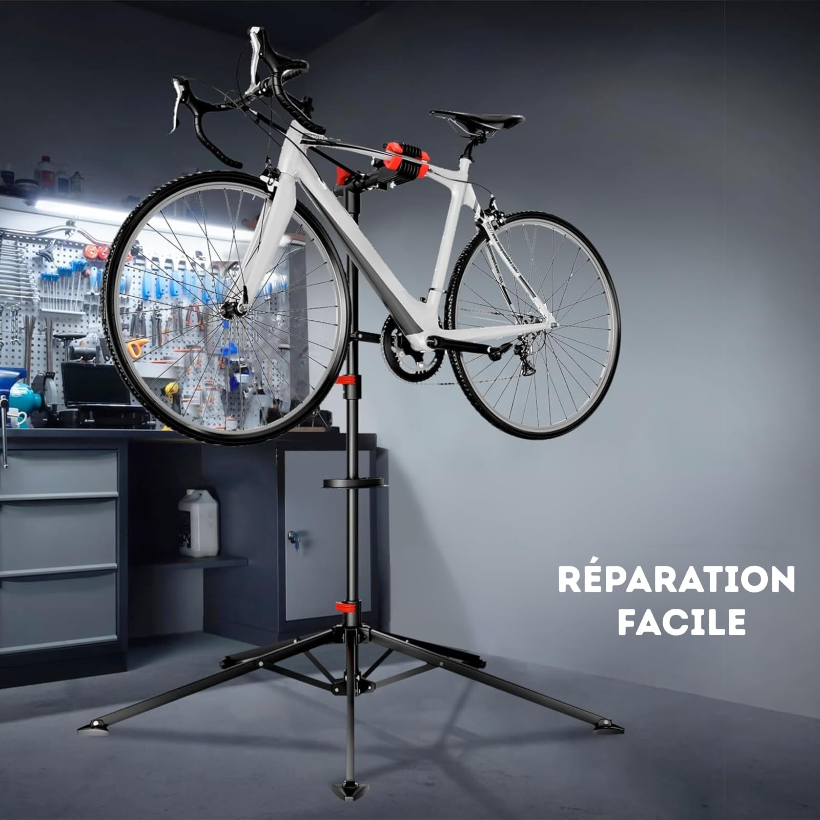 KARAT - Pied de Montage vélo jusqu'à 30 kg - Support de réparation Professionnel avec Plateau à Outils, Pivotant, Pliable, Hauteur réglable - 128 L x 128 l x 113,5-193 H cm, Noir-Rouge (Lois)
