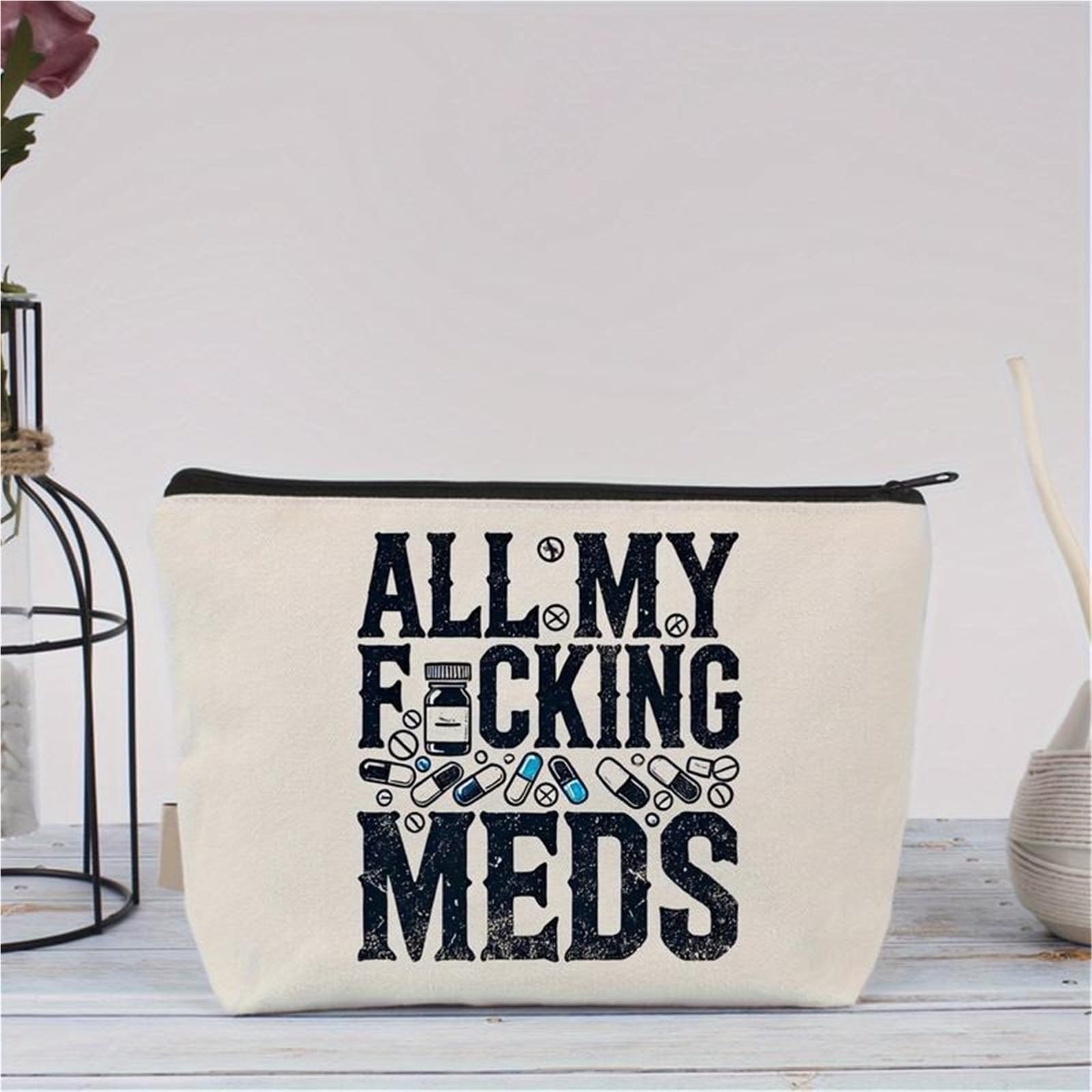 Neceser Maquillaje Bolsa de Maquillaje Reutilizable de Lona con Estampado de Letras, Organizador de Maquillaje con Cremallera, Bolsa de Viaje for Guardar Pastillas, Regalo for Mujeres Viaje