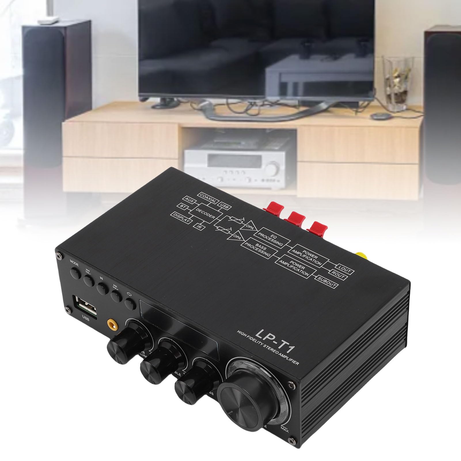 ASHATA Amplificatore stereo a 2.1 canali, Ricevitore stereo per Home Cinema Bluetooth5.1, ricevitore amplificatore digitale HiFi con telecomando per home theater (spina UE)