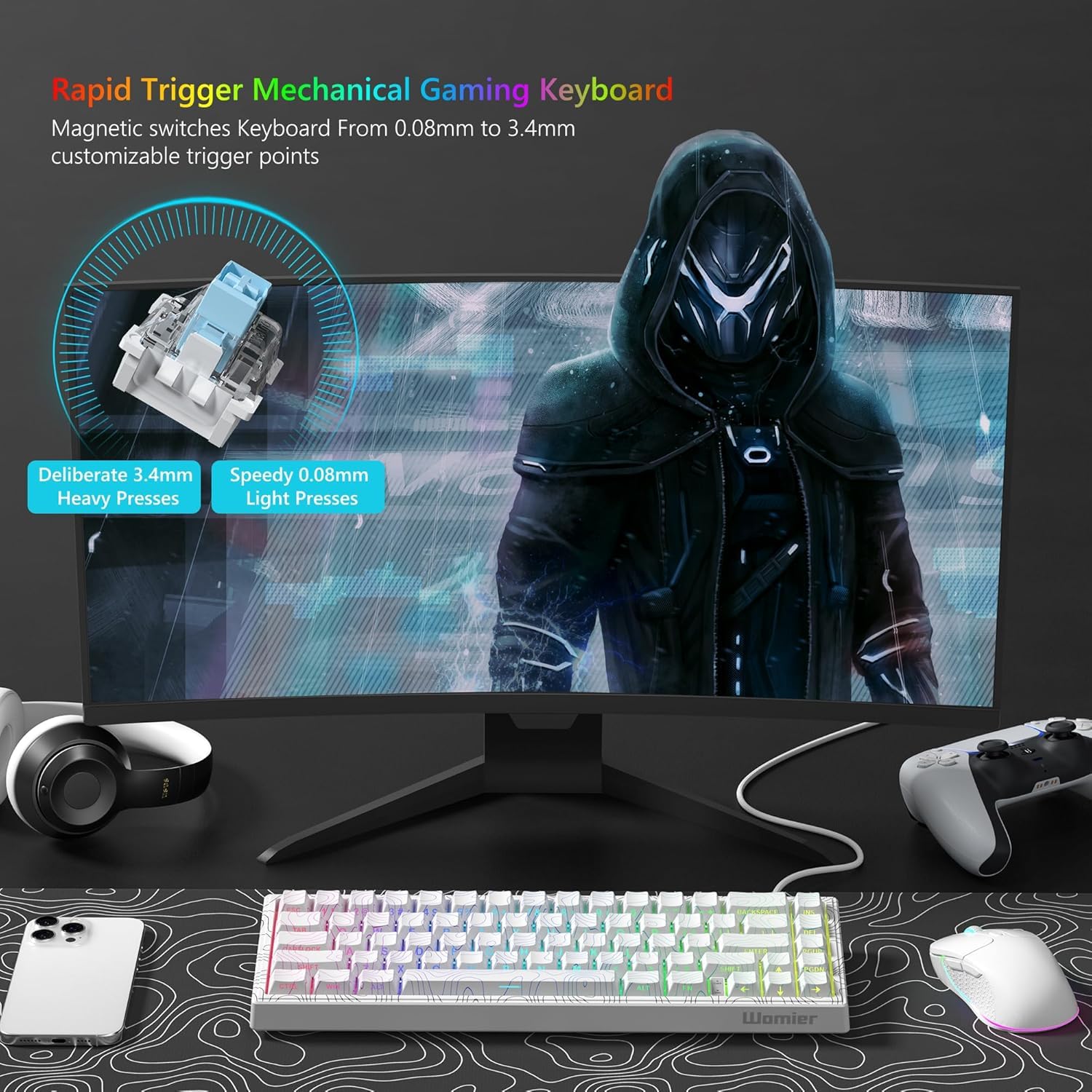 Tastiera M68 HE V2 60% Rapid Trigger, effetto hall, tastiera topografica da gioco, tastiera cablata RGB personalizzata con interruttore magnetico, tappi per tasti PBT per Mac/Win (bianco)
