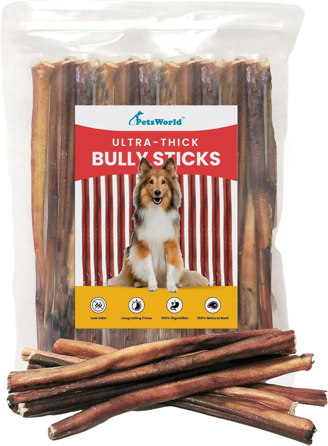 PETSWORLD 12" Thick Bully Stick Dog Chews AllNatural