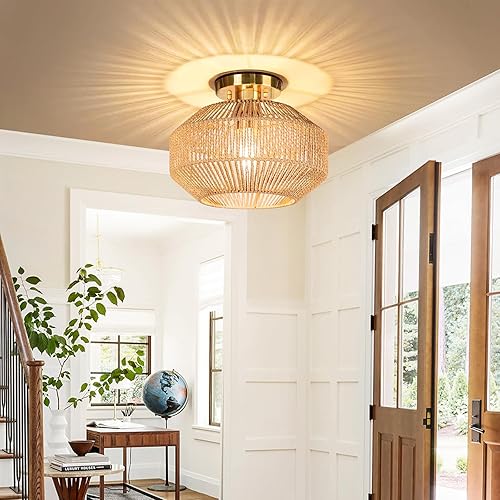 Miniatura 3 de Lámpara de techo semiempotrada de ratán tejido de papel para pasillo, lámpara de techo bohemia para porche, pasillo, cocina, dormitorio, bombilla no