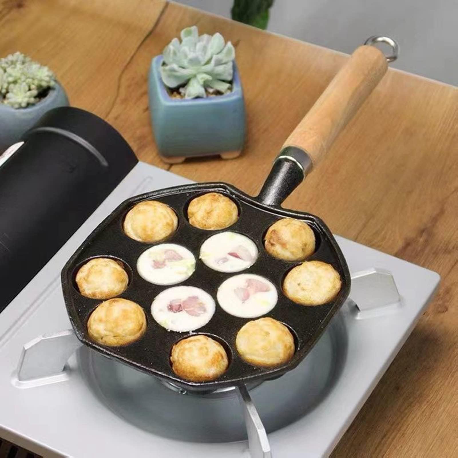Takoyaki Maker 14 Fori Grill Pan Aebleskiver Padella Antiaderente Manico Legno