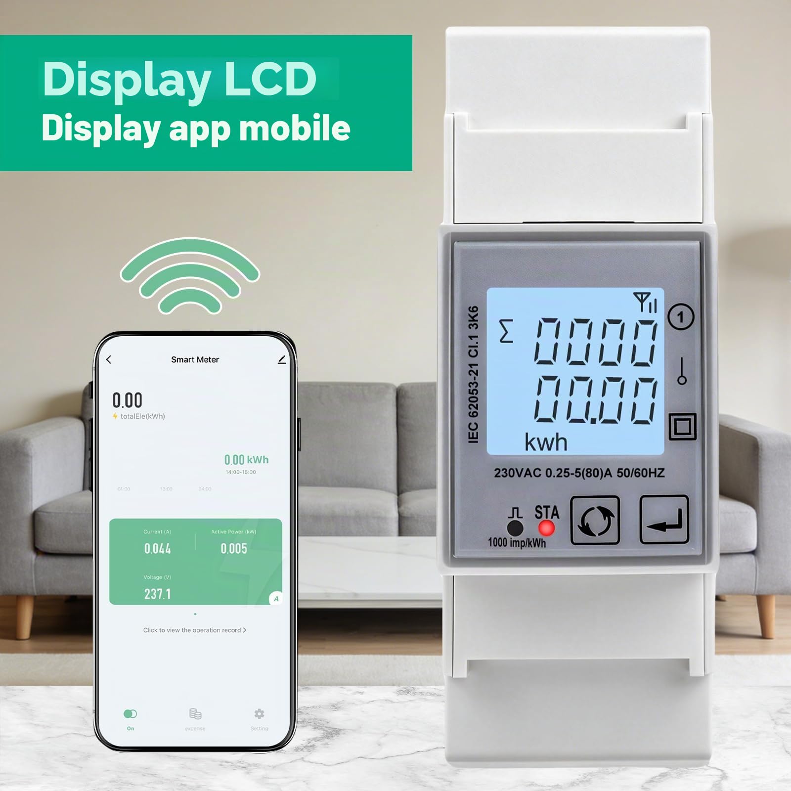 Contatore energia elettrica wifi 80A Tuya misuratore di consumo elettrico AC230V misuratore consumo elettrico monofase digitale LCD 1000 imp/kWh Protezione da sovratensione e sovracorrente DAC2120C