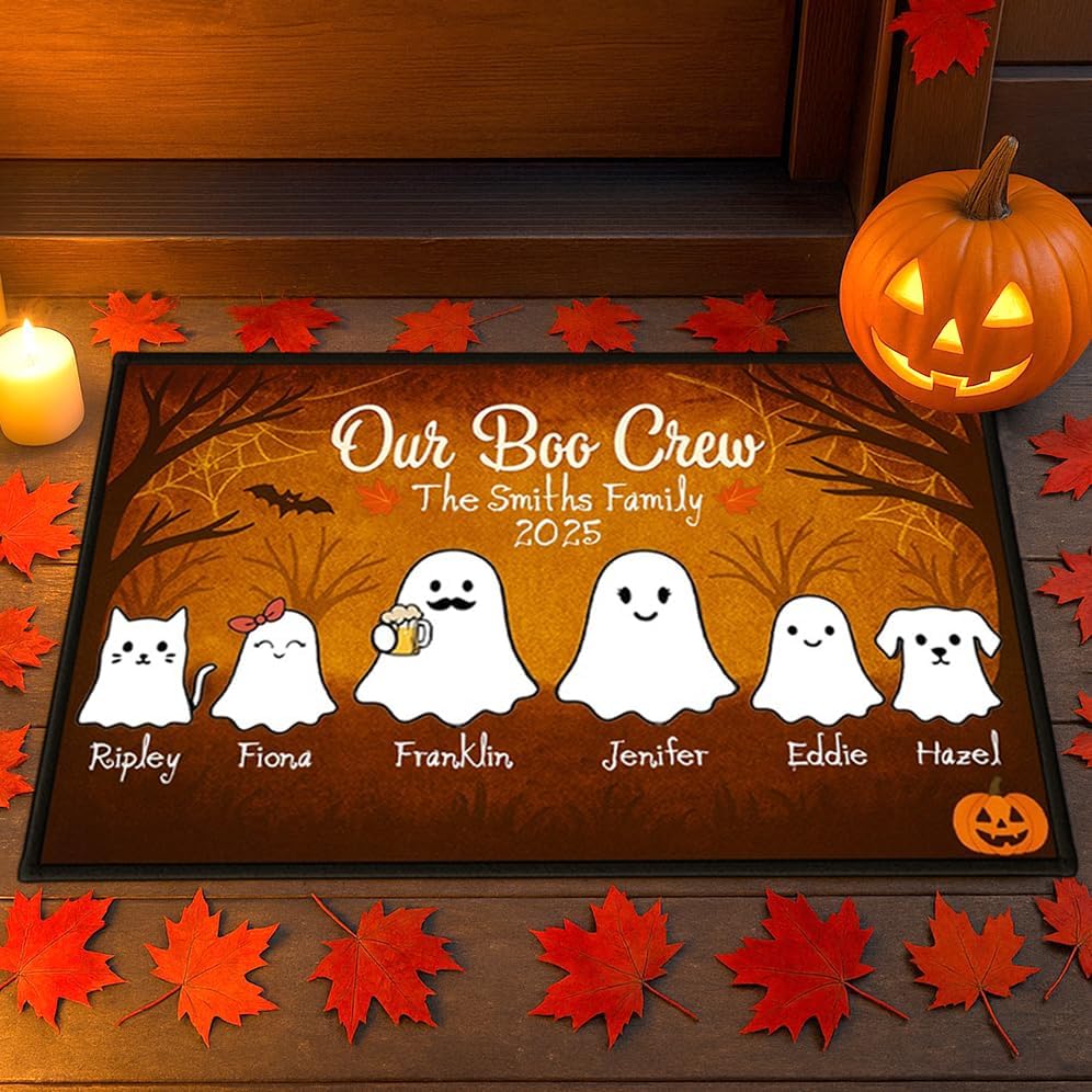 Personalized Halloween Door Mat for Family, Custom Halloween Decor Gifts, Custom Spooky Ghost Door Mat, Personalized Halloween Decor Indoor