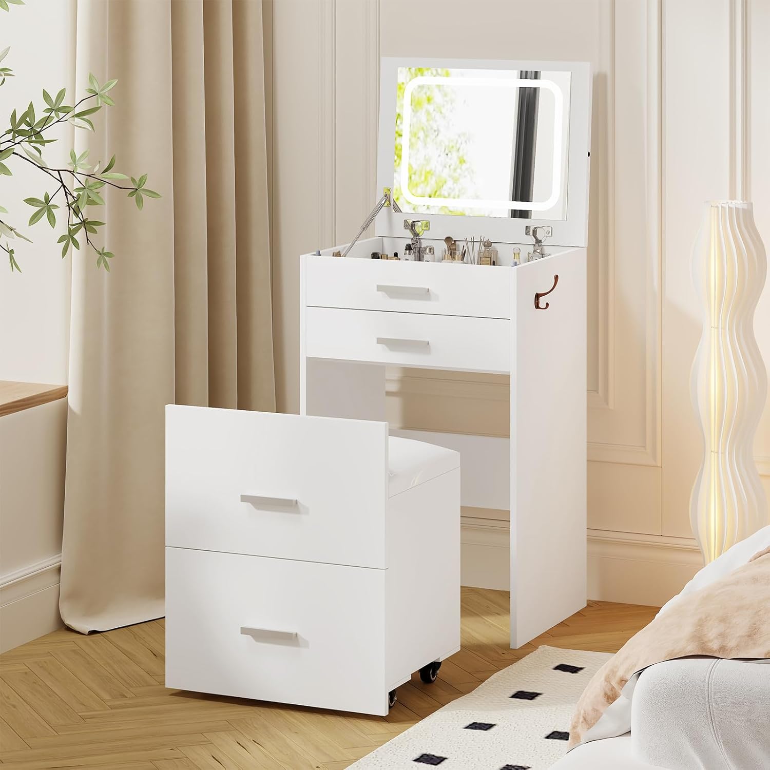 3 in 1 Vanity Desk, Compact Vanity with 3 Drawers, Makeup Desk with Flip-up 3 Colors Lighting Mirror and Cushioned Stool, Small Vanities Nightstand Perfect for Bedroom, White 3 in 1 Vanity Desk, Compact Vanity with 3 Drawers, Makeup Desk with Flip-up 3 Colors Lighting Mirror and Cushioned Stool, Small Vanities Nightstand Perfect for Bedroom, White
