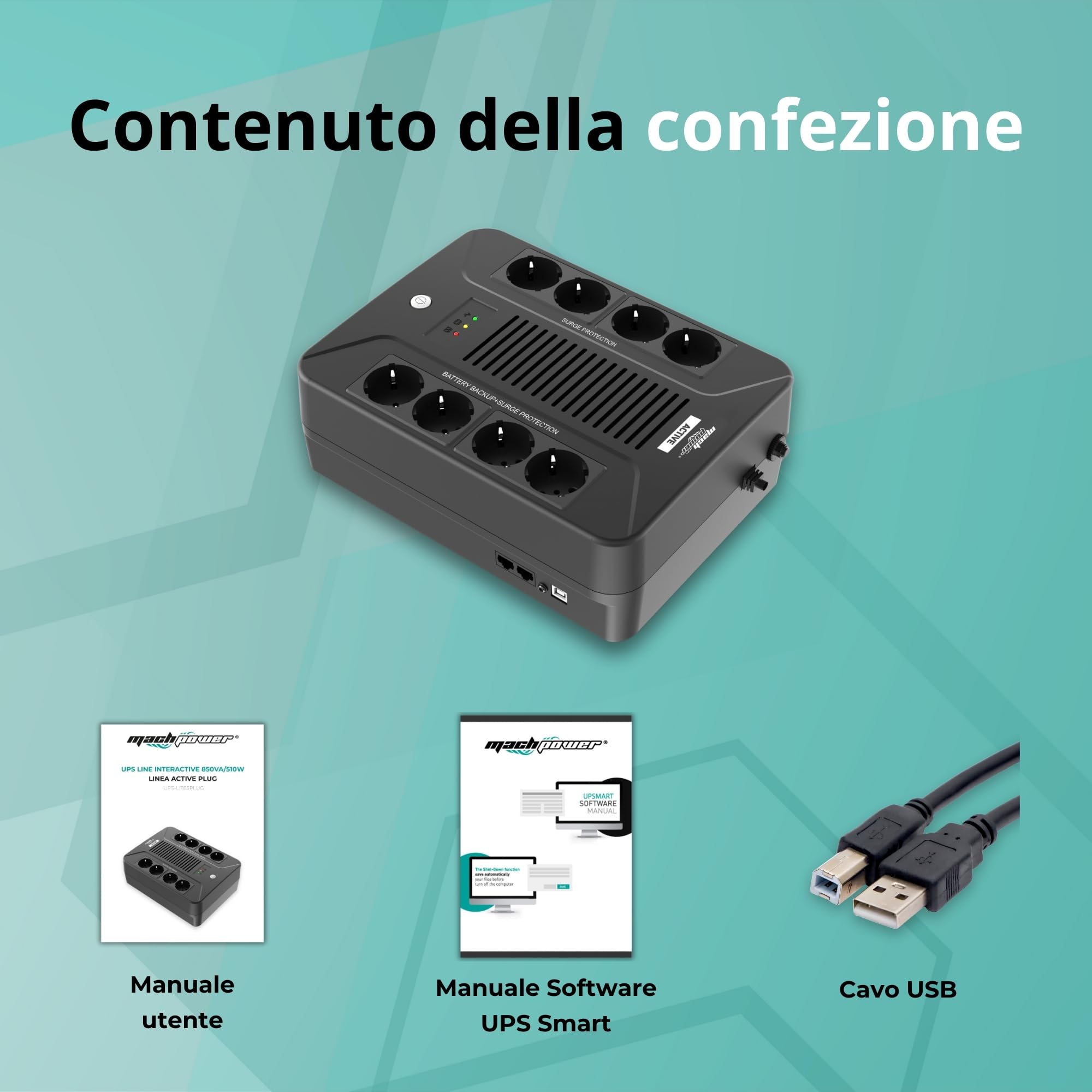 UPS Line Interactive 850VA/510W – 8 Prese Schuko, Batteria 12V 8Ah, Protezione Sovratensioni, Porta USB e TEL/MODEM, Software UPSmart incluso (UPS-LIT85PLUG)