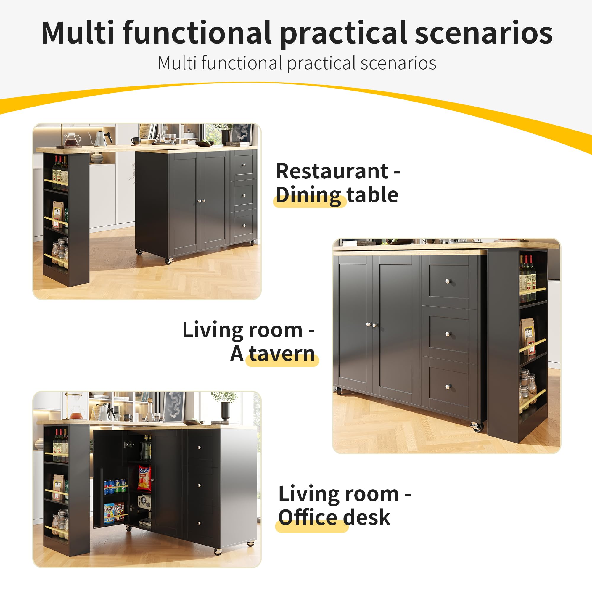 Mesa alta giratoria 360° (138-209 x 39 x 104 cm) con ruedas con tres cajones, viene con soporte para aperitivos. Isla de almacenamiento multifuncional, para cocina y salón (negro)