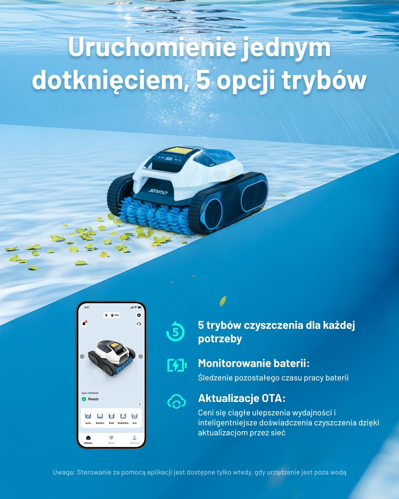Bezprzewodowy robot basenowy SPINO E1, czas pracy 210 minut, wydajność 21950 l/h, 5 trybów pracy robota basenowego, czyszczenie ścian i linii wodnej, sterowanie aplikacją, ścieżka SmartArc
