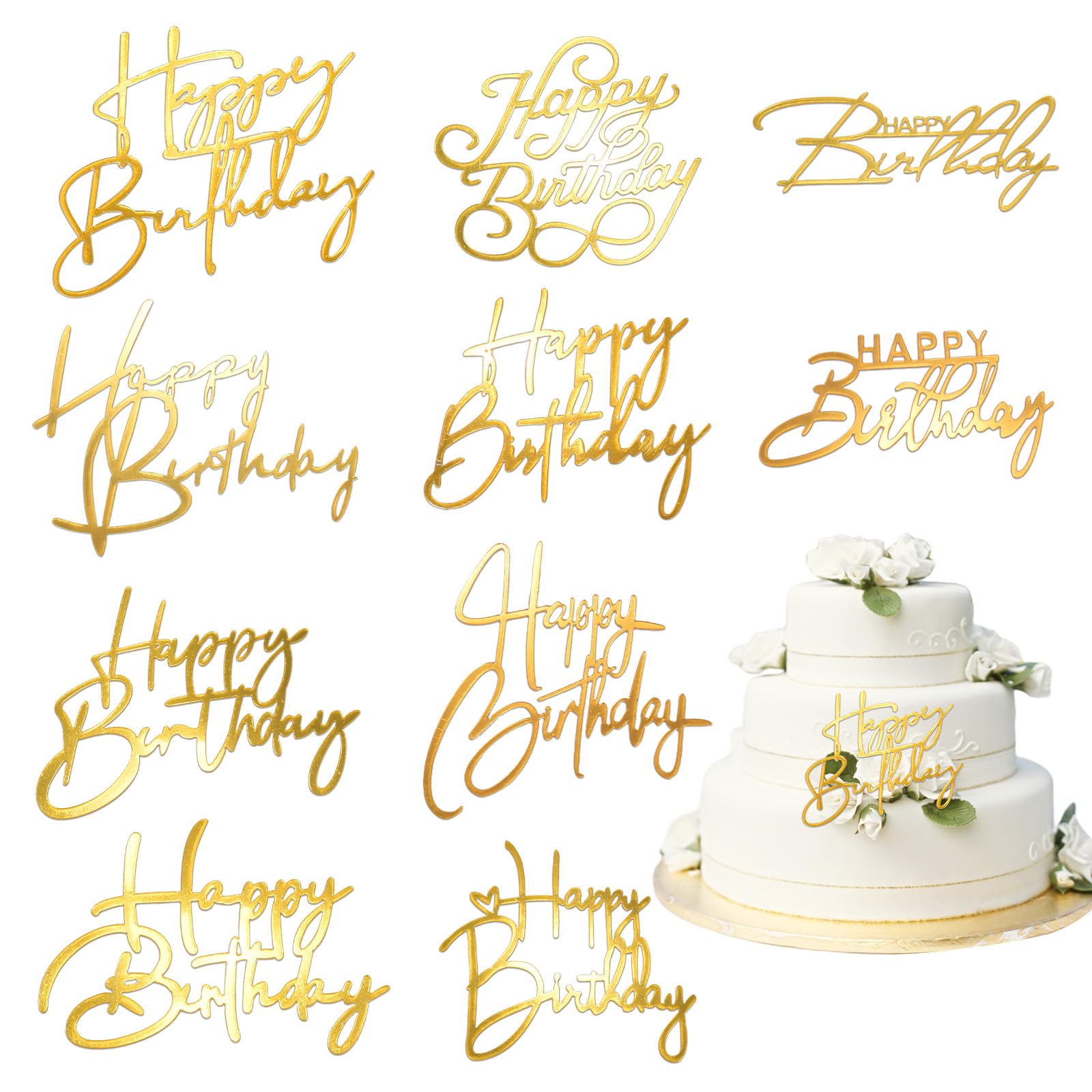 Photo 1 of 10PCS Gold Happy Birthday Cake Toppers Mirror Acrylic Cake Toppers, Gold Acrylic Birthday Cupcake Toppers for DIY Cake Decor Cake Tools Birthday Party Supplies