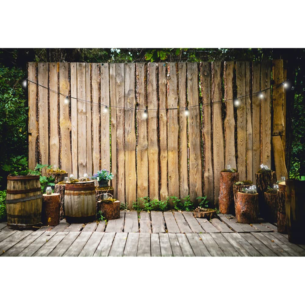 Aoihrraan 3,5x2,5m Rustique Bois Mur Fond Rayé Bois Mur Plancher Barils Scintillement Lumières Photographie Fond Mariage Bal d'étudiants en Plein air Fête Enfants Adultes Portrait Photo Accessoires