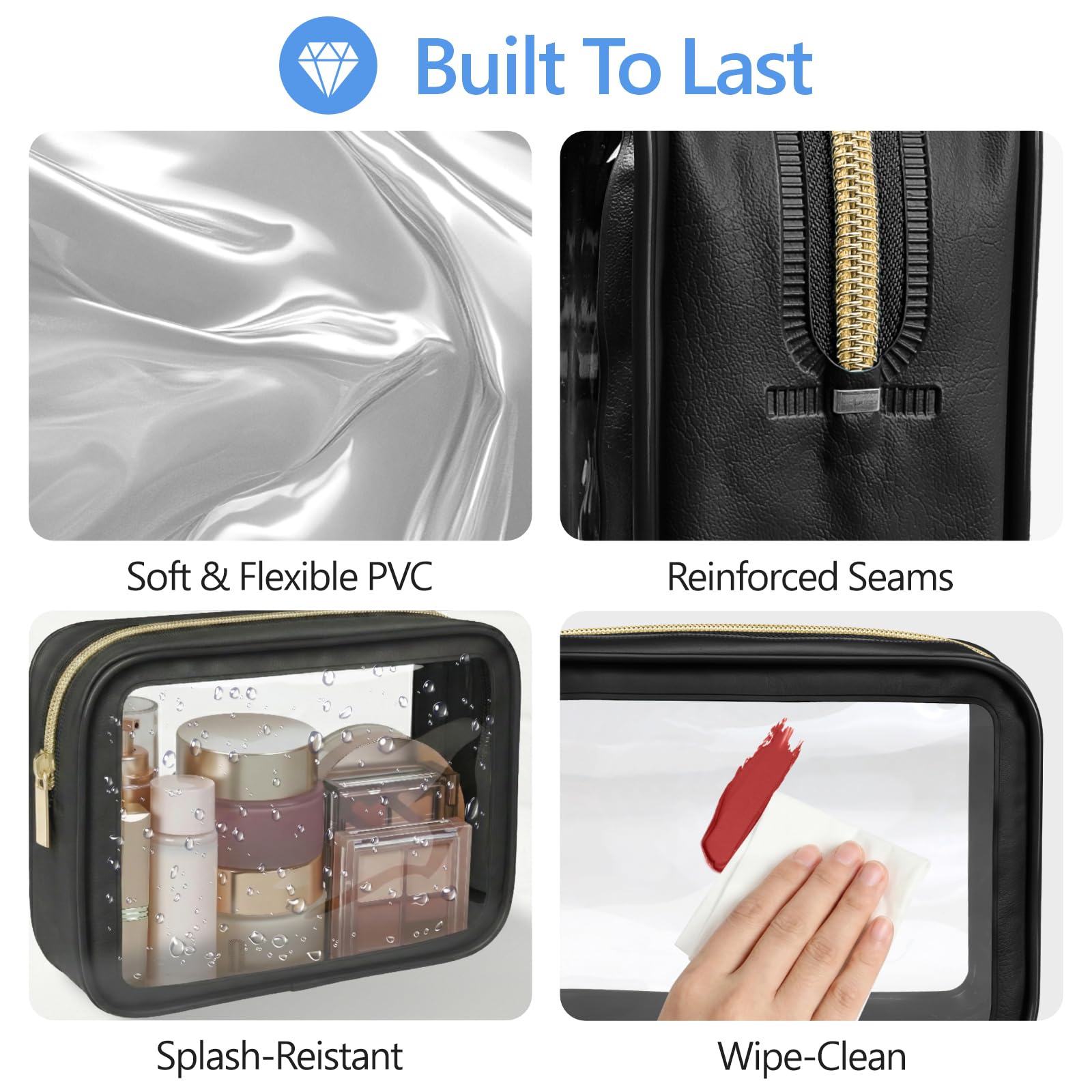 PACKISM Neceser aprobado por la TSA, bolsas de maquillaje transparentes con bordes de color, bolsas de aseo transparentes para viajes, se adapta a diversas necesidades de almacenamiento, 3 negro