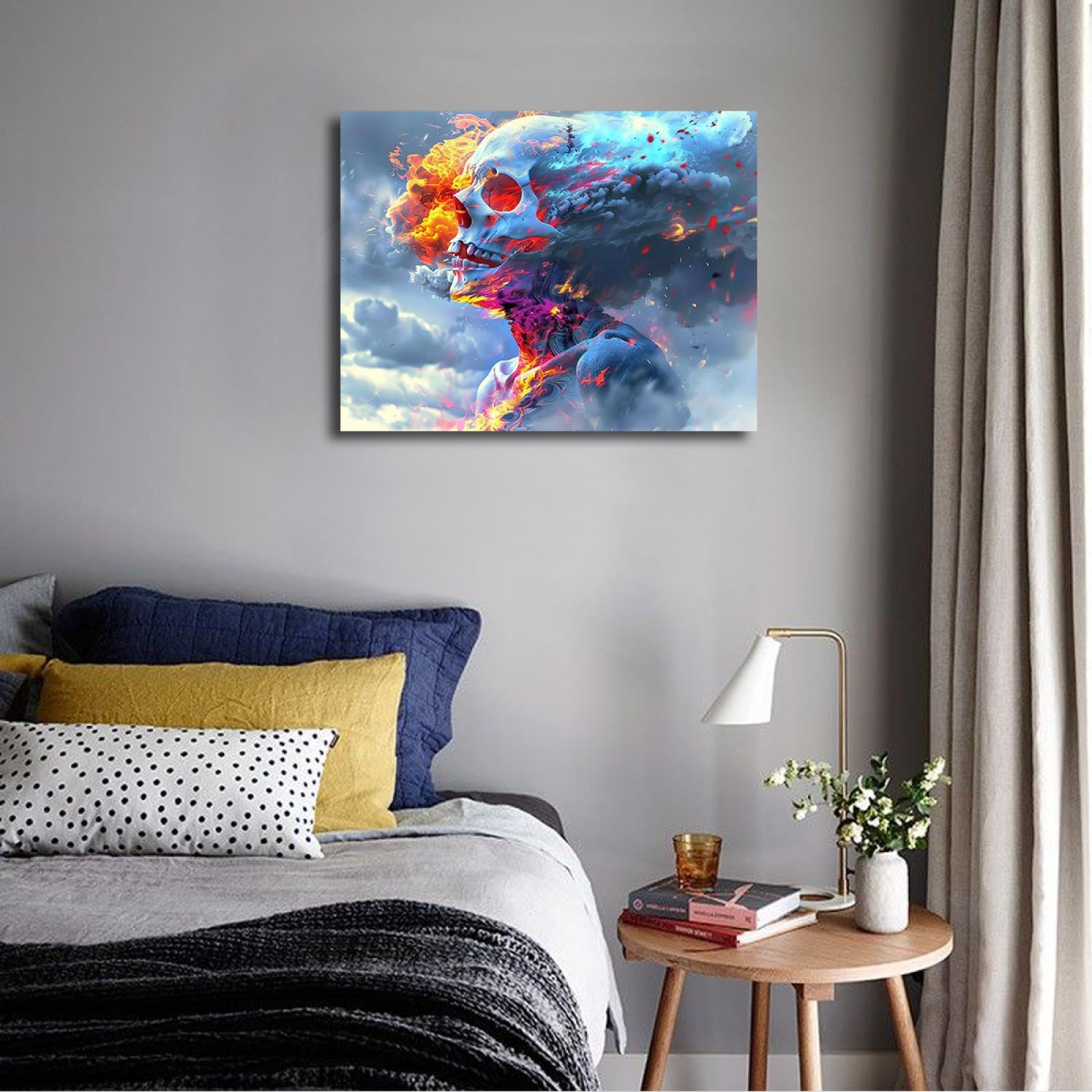 Via Vela Sombre Halloween Art Impression sur toile Abstrait Jaune et Orange Crâne Brûlant Affiche Peinture Art Mural Pour Salon Chambre Décoration Intérieure 75x100cm Cadre intérieur