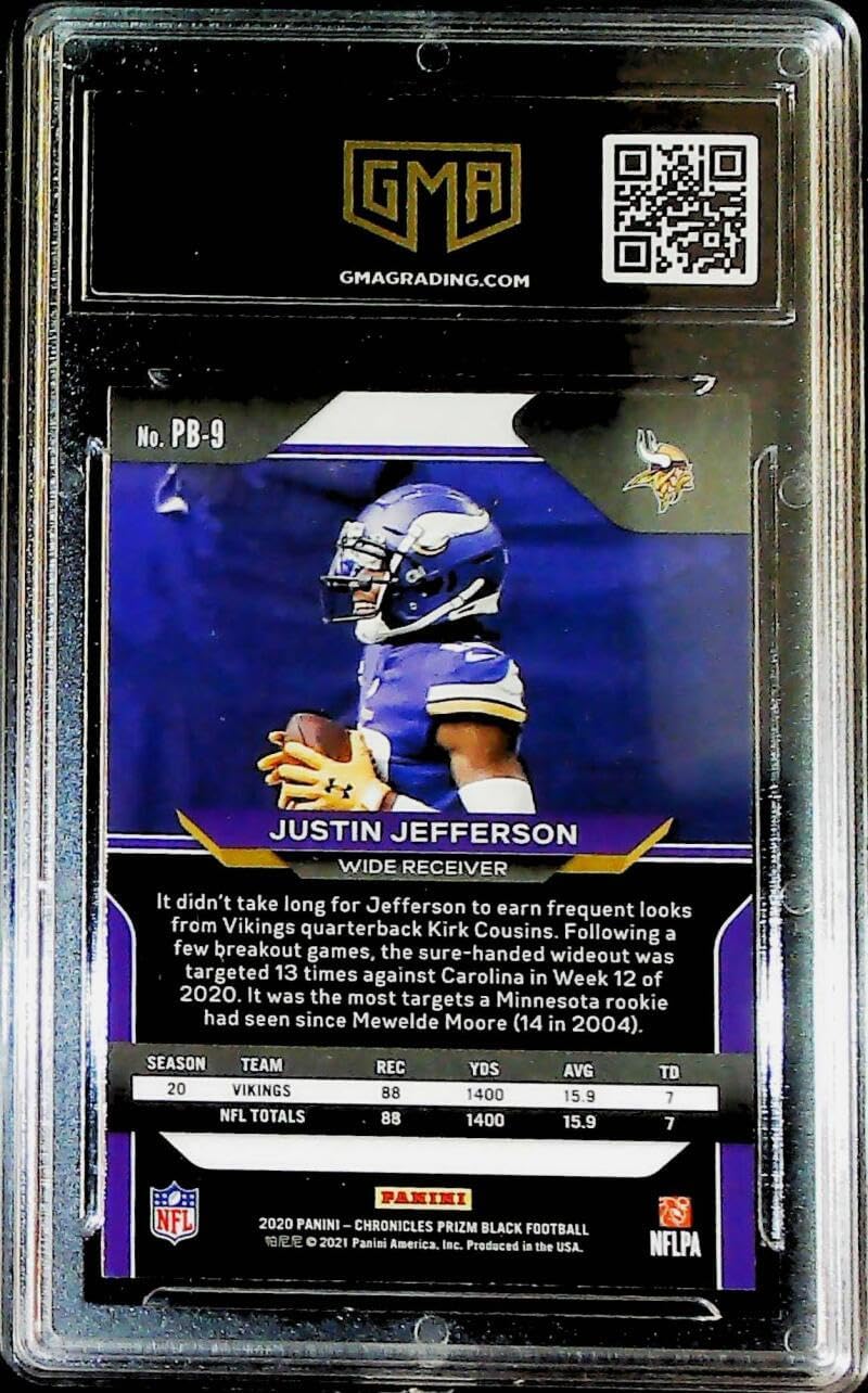 2020 Chronicles Football Prizm Black #PB-9 Justin Jefferson RC Rookie Minnesota Vikings GMA 10 GEM MINT Official NFL Trading Card by Panini America (Serial Number May Vary)
