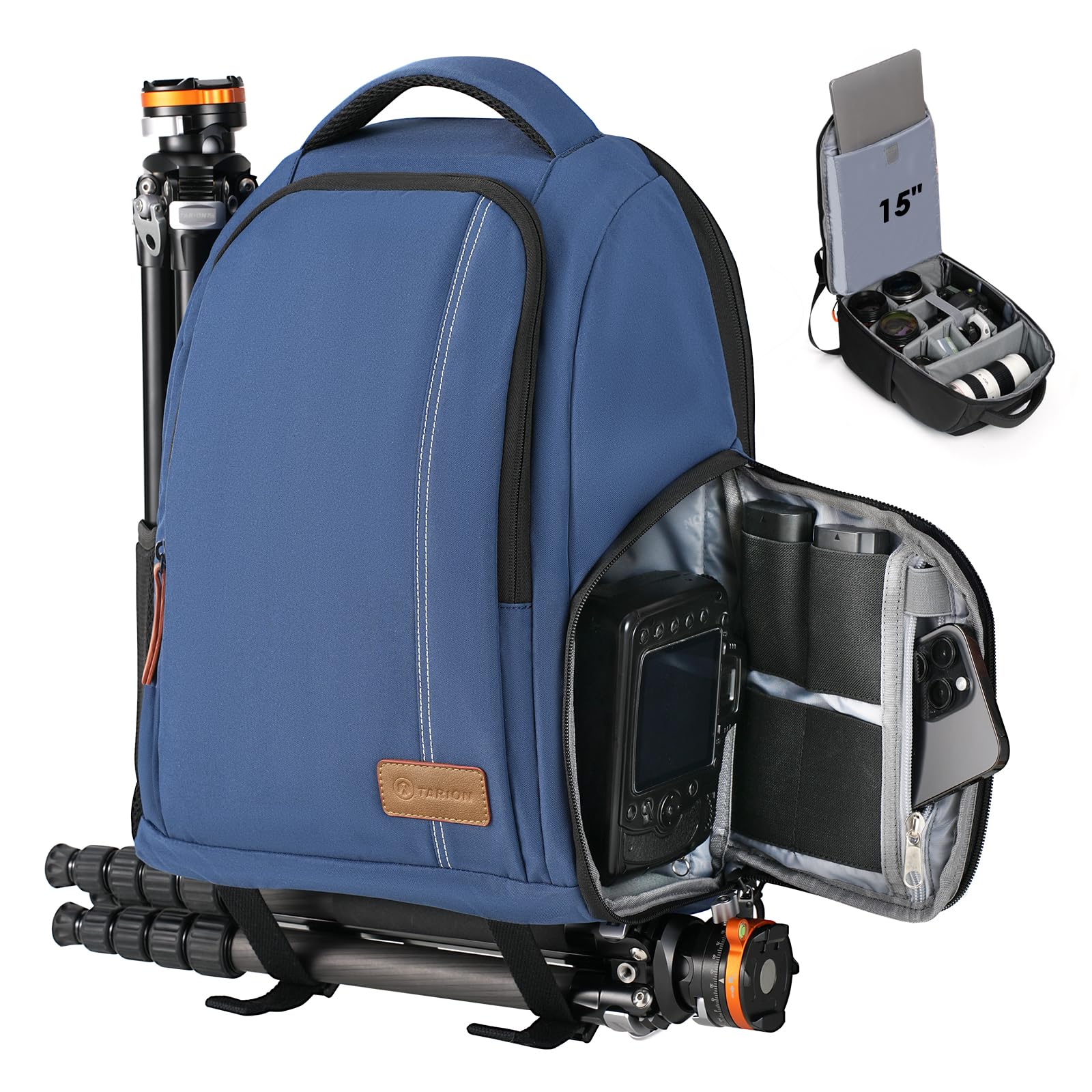 TARION Mochila impermeable para cámara de gran capacidad con compartimento para laptop de 15 pulgadas, cubierta de lluvia para mujeres y hombres, trípode para lentes de fotógrafo, color azul