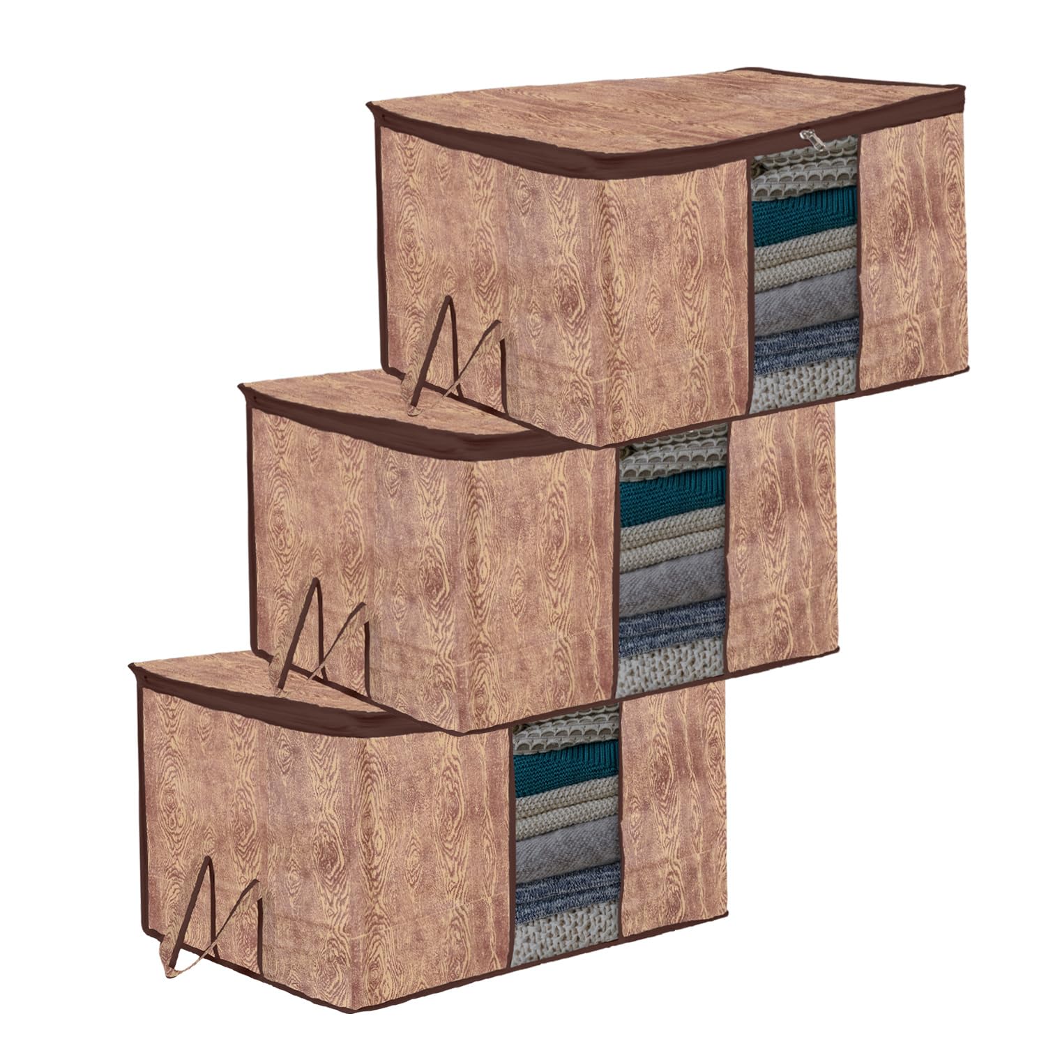Kuber Industries Underbed Storage Bag | Clothes Storage Bag | Blanket Cover with Clear Window | Zipper Closure & Handle Cloth Organizer | Wooden Texture-Design | Large | Pack of 3 | Brown-image-49