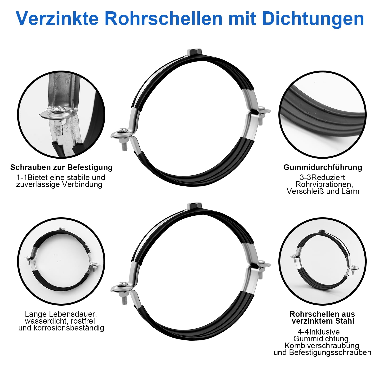 Abrazaderas de tubo de 110 mm, galvanizadas con inserto de goma, abrazaderas para tubo de ventilación, manguera de extracción, abrazaderas para soporte de tubos, abrazadera negra de goma