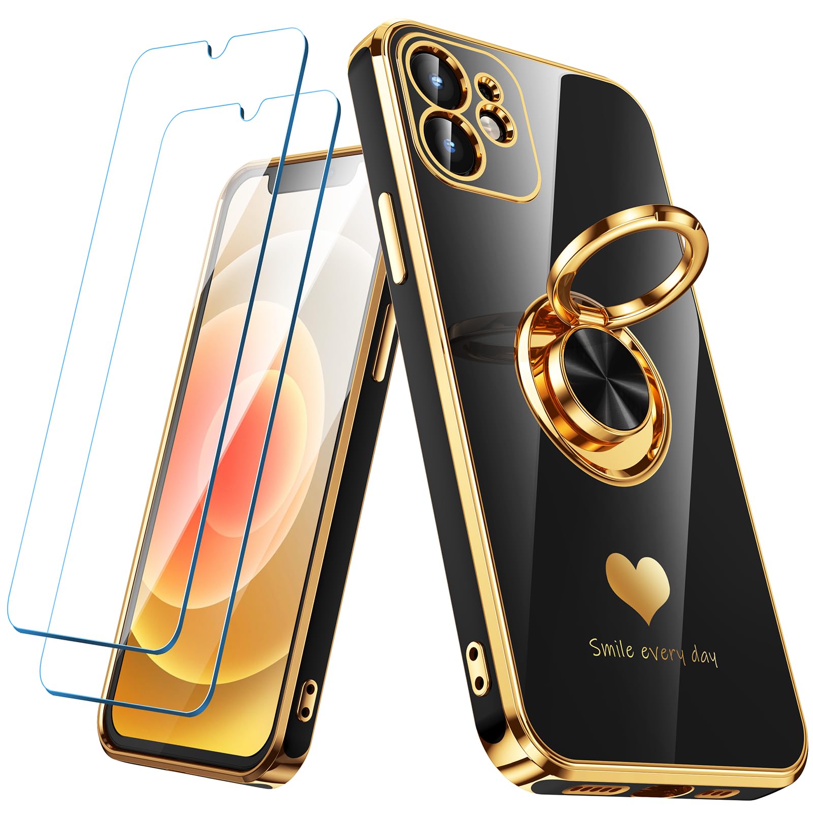 Nonional Compatible for iPhone 11 Case with 2 Pack Screen Protector, 360° Rotatable Ring Holder [Luxury Hearts Pattern] Plating Gold Edge Slim Soft Phone Cover Case for iPhone 11 - Black