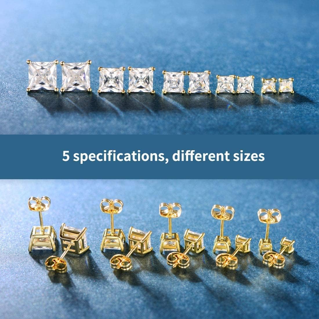 925 Sterling Silver Stud Earrings Set for Women and Men, Square Round Cubic Zirconia Princess Cut Hypoallergenic Earrings Pack of 5 Pairs 3-7mm