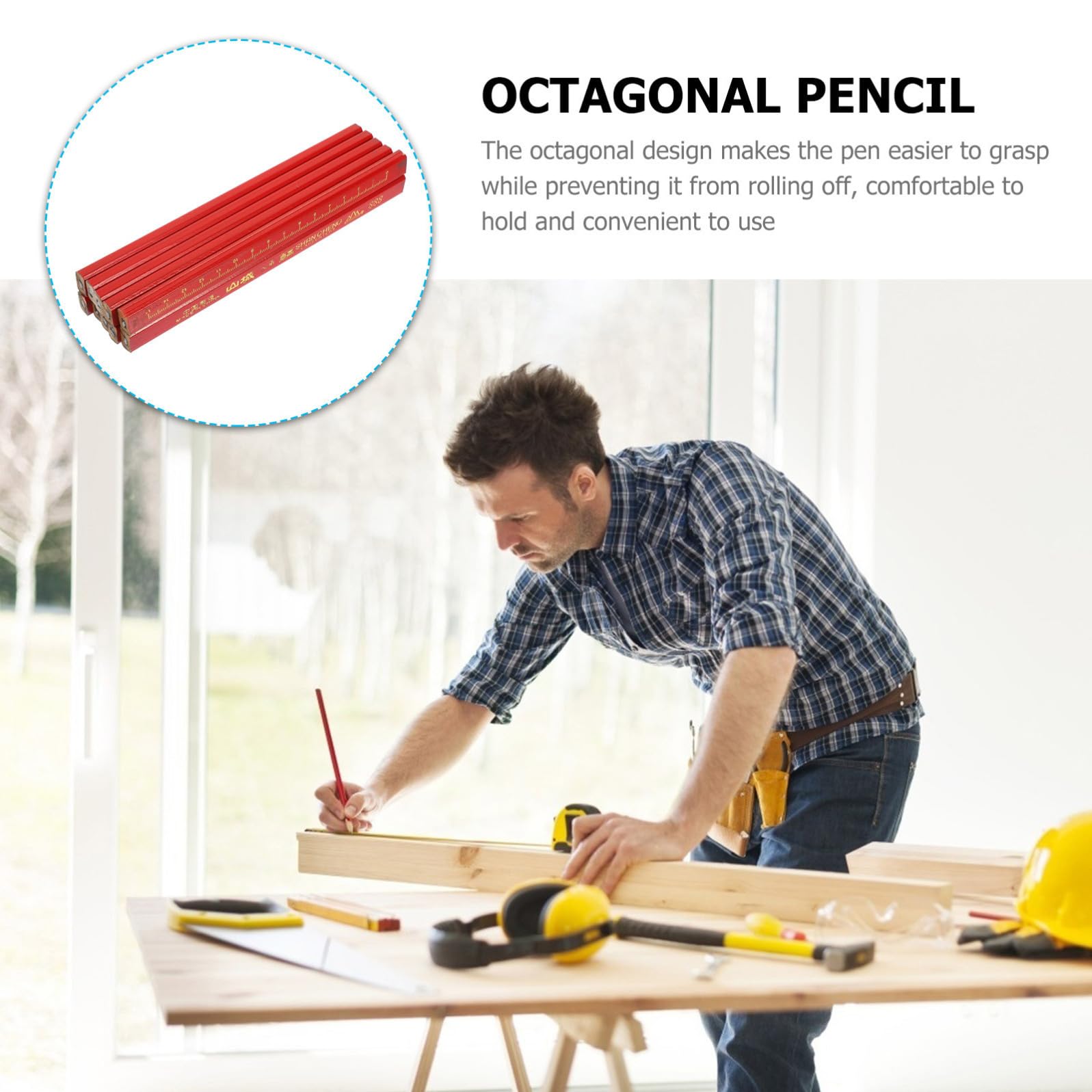 KALLORY Matite da Carpentiere Resistenti e Facili da Usare in Legno 72 Ottagonali Rosse per Scrivere su Superfici Irregolari per Lavori di Carpenteria