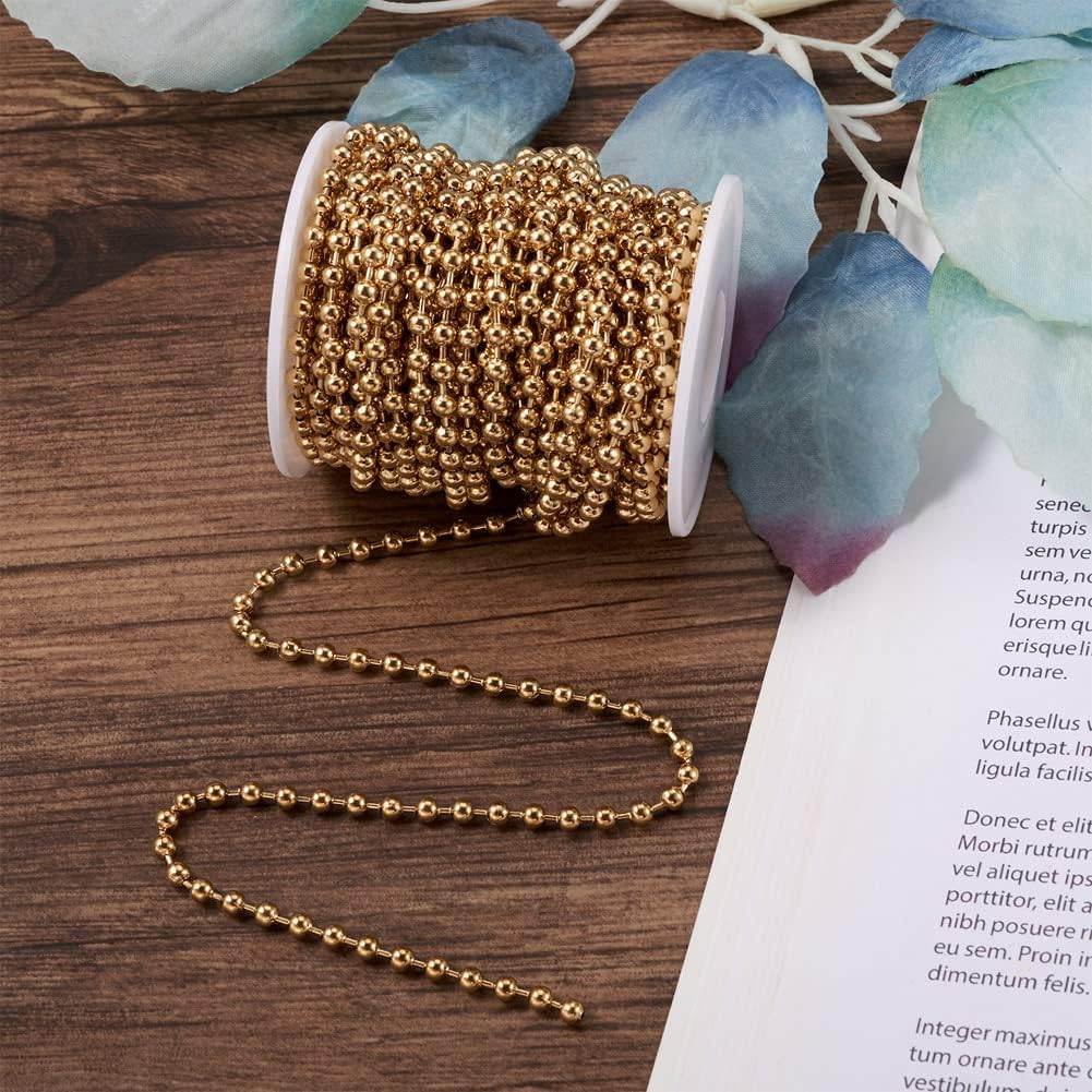 32.8 Feet Vacuum Plating 304 Stainless Steel Ball Bead Soldered Chain with Chain Spool Gold Color Chains for Necklace Bracelet DIY Craft Making Jewelry Accessories