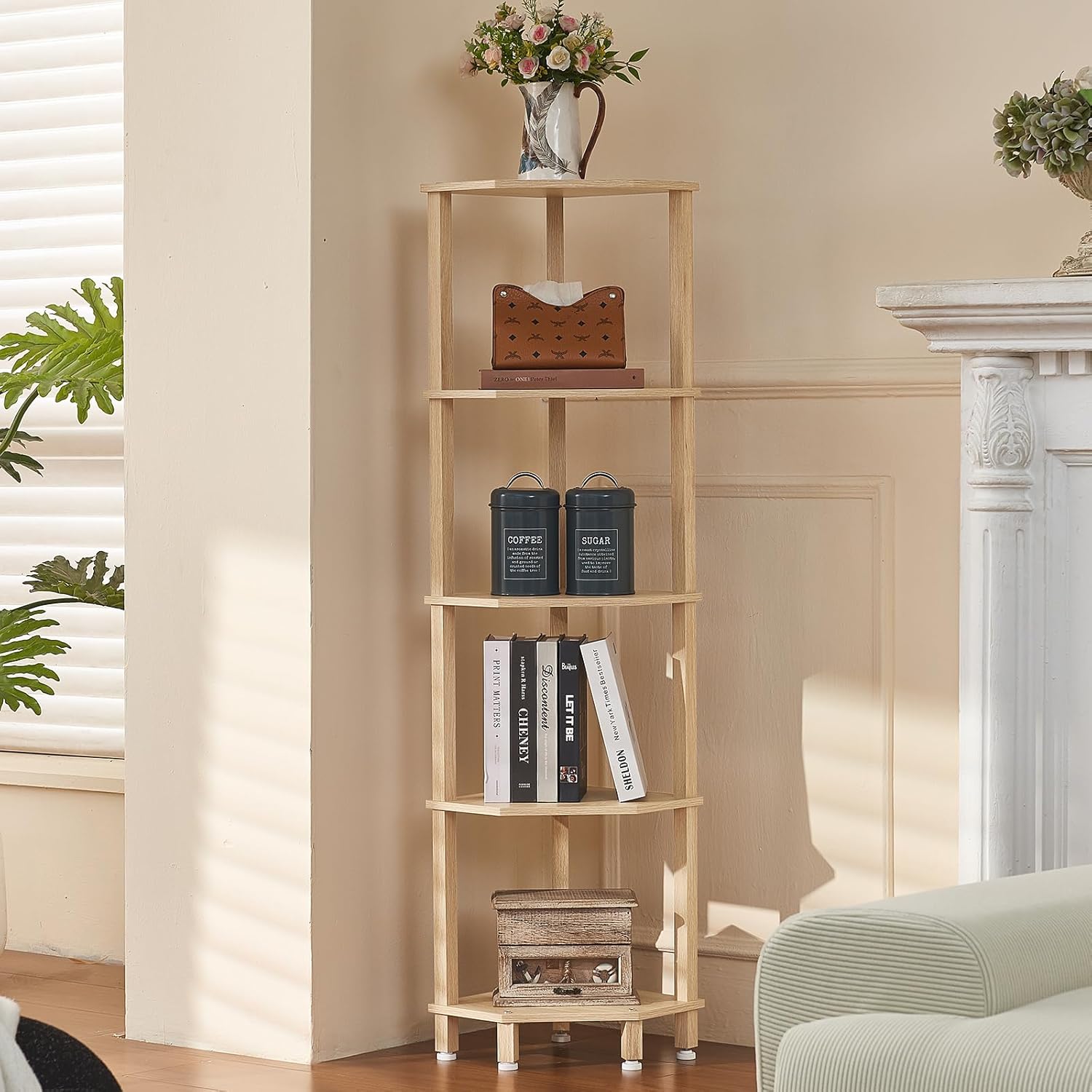 5-Tier Corner Shelf with Sturdy 5-Leg Base, 52in Tall Narrow Bookcase for Small Spaces, Wooden Plant Display Shelf, Thin Bookshelf for Living Room, Bedroom, Office, Natural
