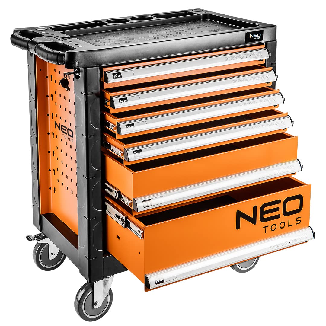 NEO TOOLS Szafka narzędziowa o wymiarach: 770x460x870 mm, idealna do każdego warsztatu, 6 pojemnych szuflad, Nośność szafki 200 kg, blat roboczy, kółka skrętne, gumowany uchwyt