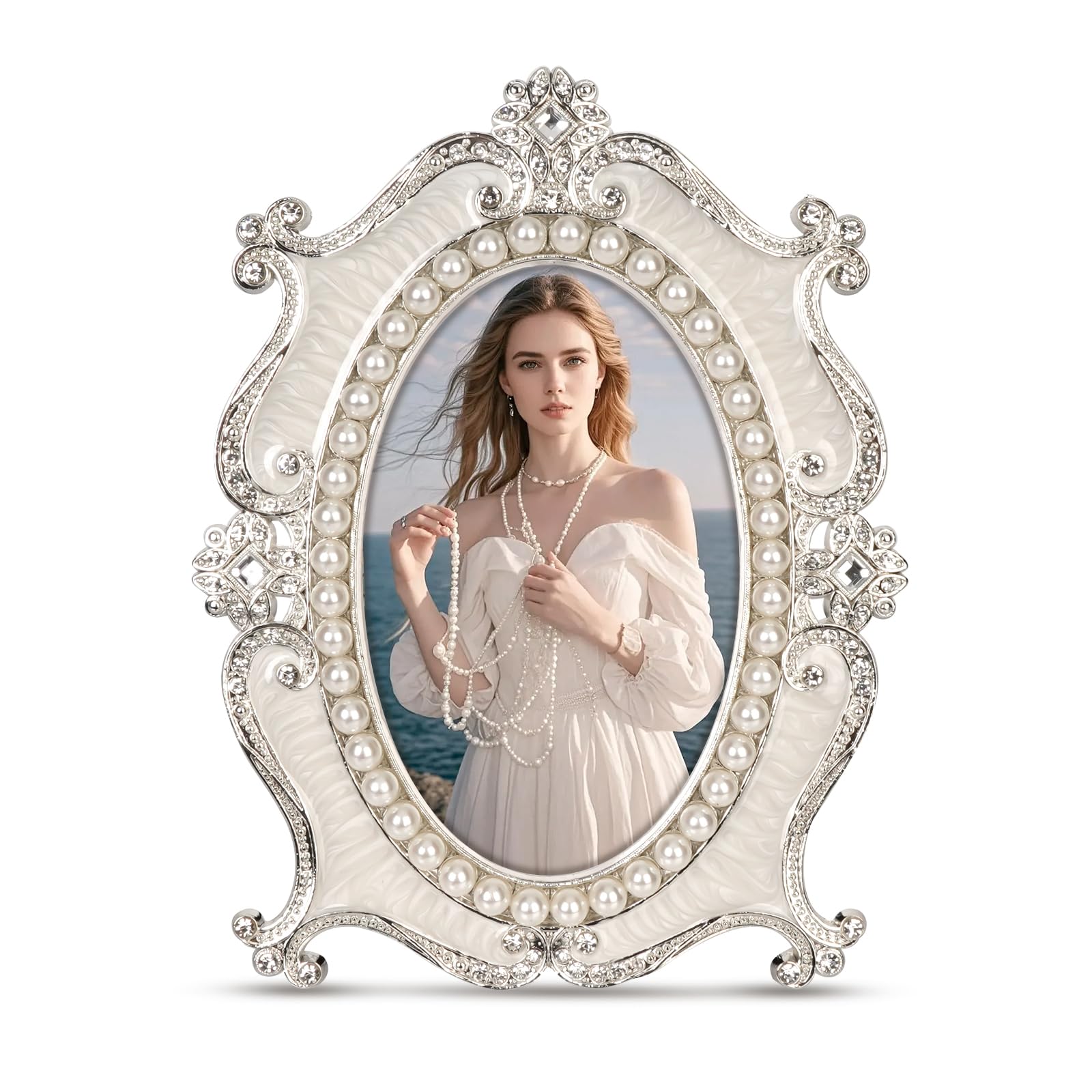 Photo 1 of Essovee Vintage Picture Frames 5x7 - Silver Metal Oval Photo Frame with Pearl & Crystal Accents, Elegant European-Style Border,HD Glass for Wedding Valentine's/Mother's Day Gifts,White