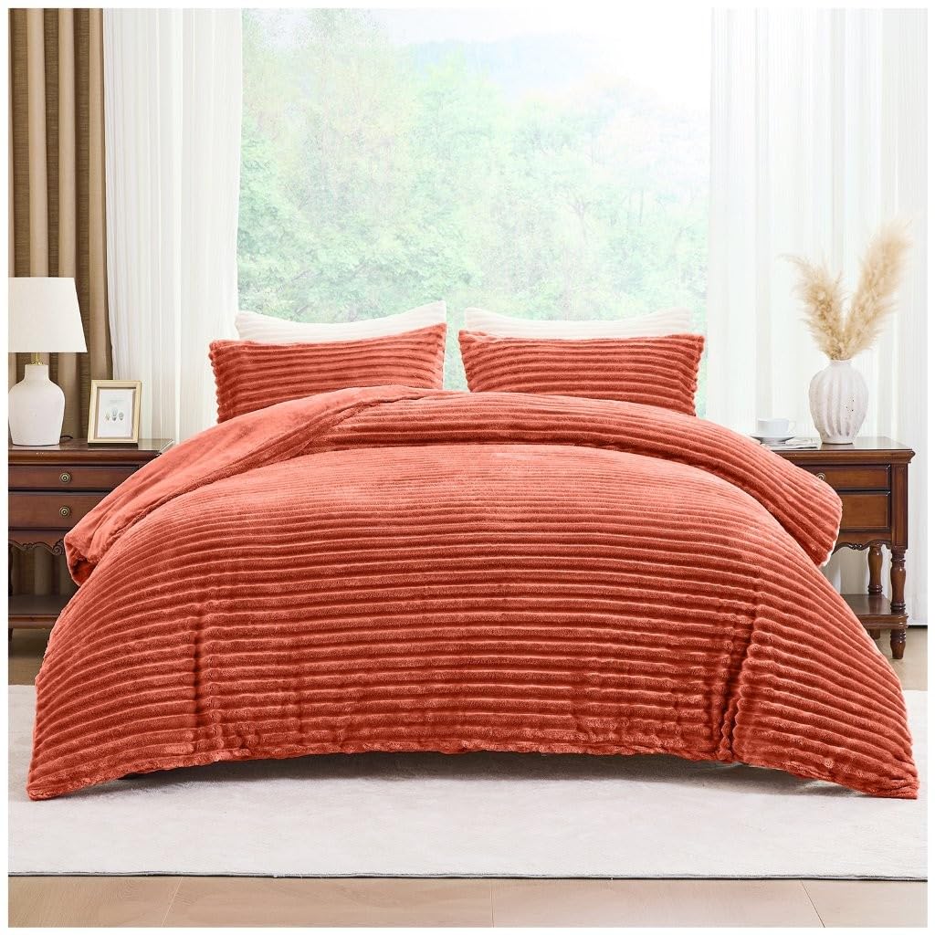David & Amaya Teddy Fleece Duvet Cover Set – Chunky Ribbed Super Soft Warm Cosy Bedding with Pillowcases – Easy Care, Durable, Snuggly Polyester Quilt Set (Rust, King)