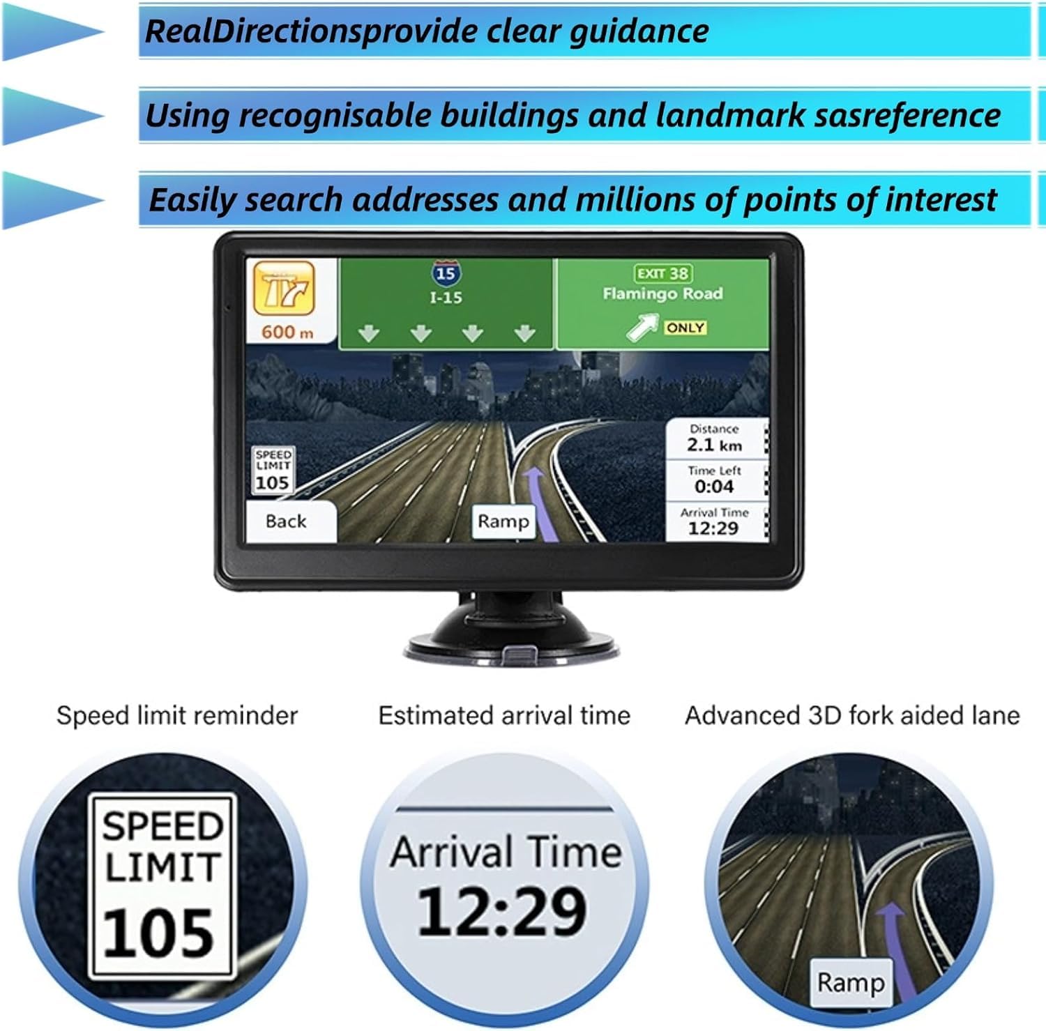 Navigatore satellitare 2025, mappa Europa del Regno Unito, touch screen per auto GPS e supporto vocale guida direzione di rotazione/velocità e avviso luce rossa/instradamento camion personalizzato (7