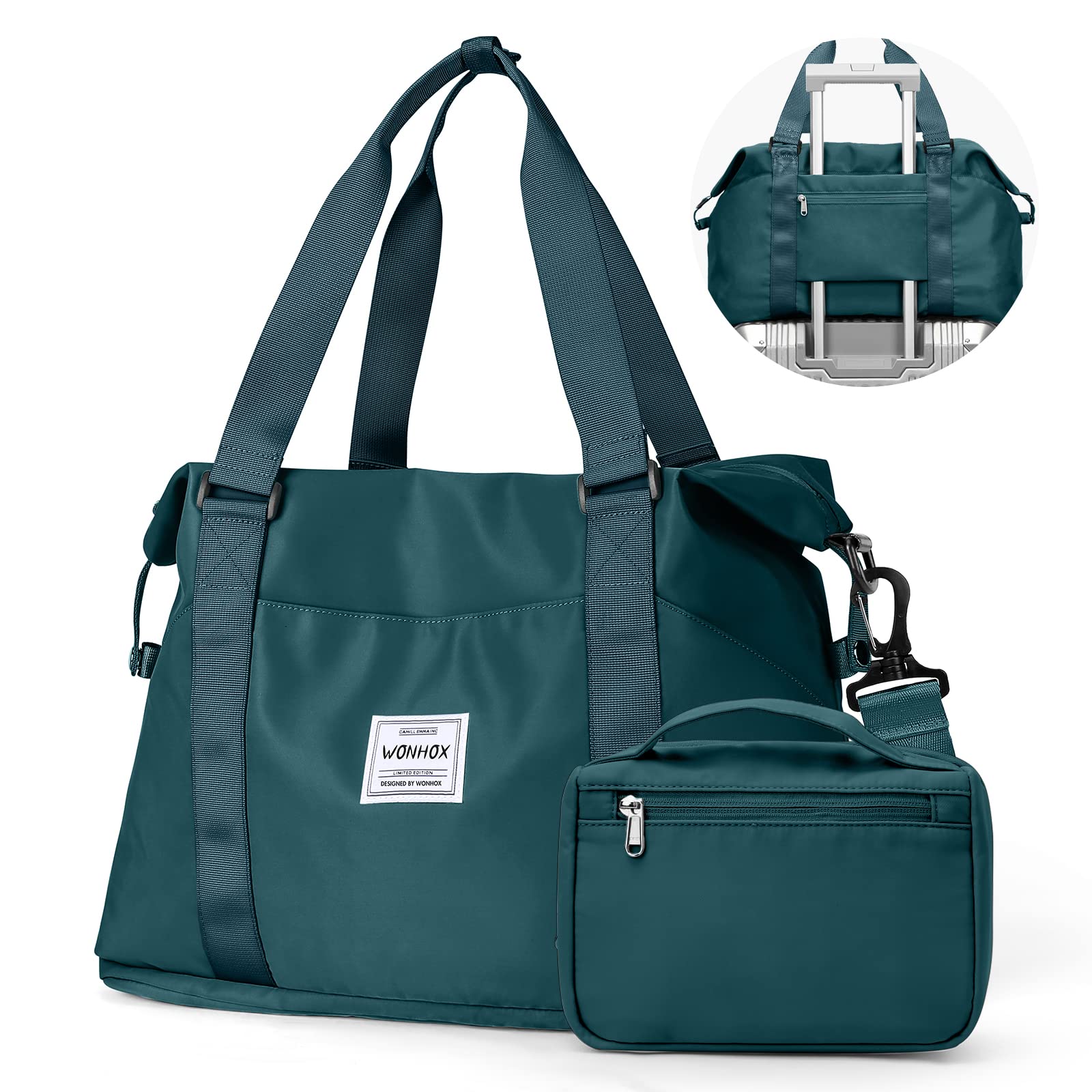 Travel bag,Large Sports Tote Gym Bag,Waterproof Weekender Carry On Overnight Bags for Women with Trolley Sleeve,Travel Duffel Bag with Shoe Compartment,Peacock Blue Set