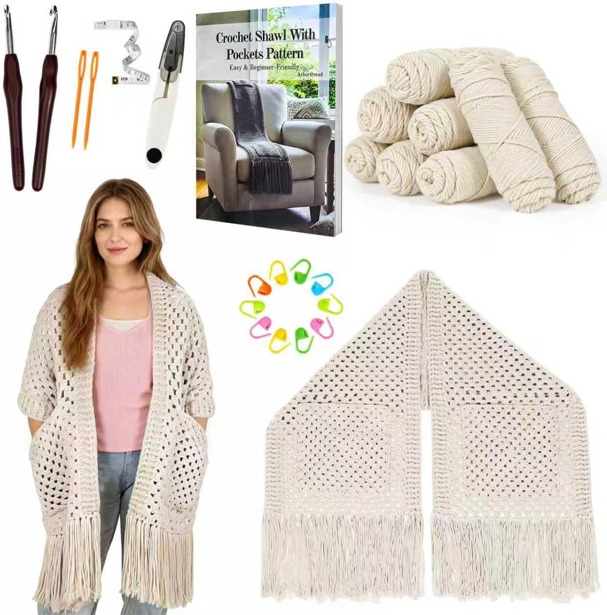 Arborthread Crochet Kit for Beginners, Easy All-Season Pocket Shawl & Scarf Crochet Kit for Adults w/Ample Premium Yarn to Fit Different Sizes, Step-by-Step Video & Instructions, Light Khaki