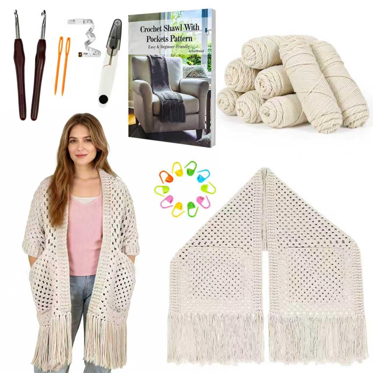 Arborthread Crochet Kit, Easy All-Season Pocket Shawl Crochet Kit for Beginner w/Ample Soft Yarn to Fit Versatile Bodies, Step-by-Step Video & Instructions for Adults & Kids, Light Khaki