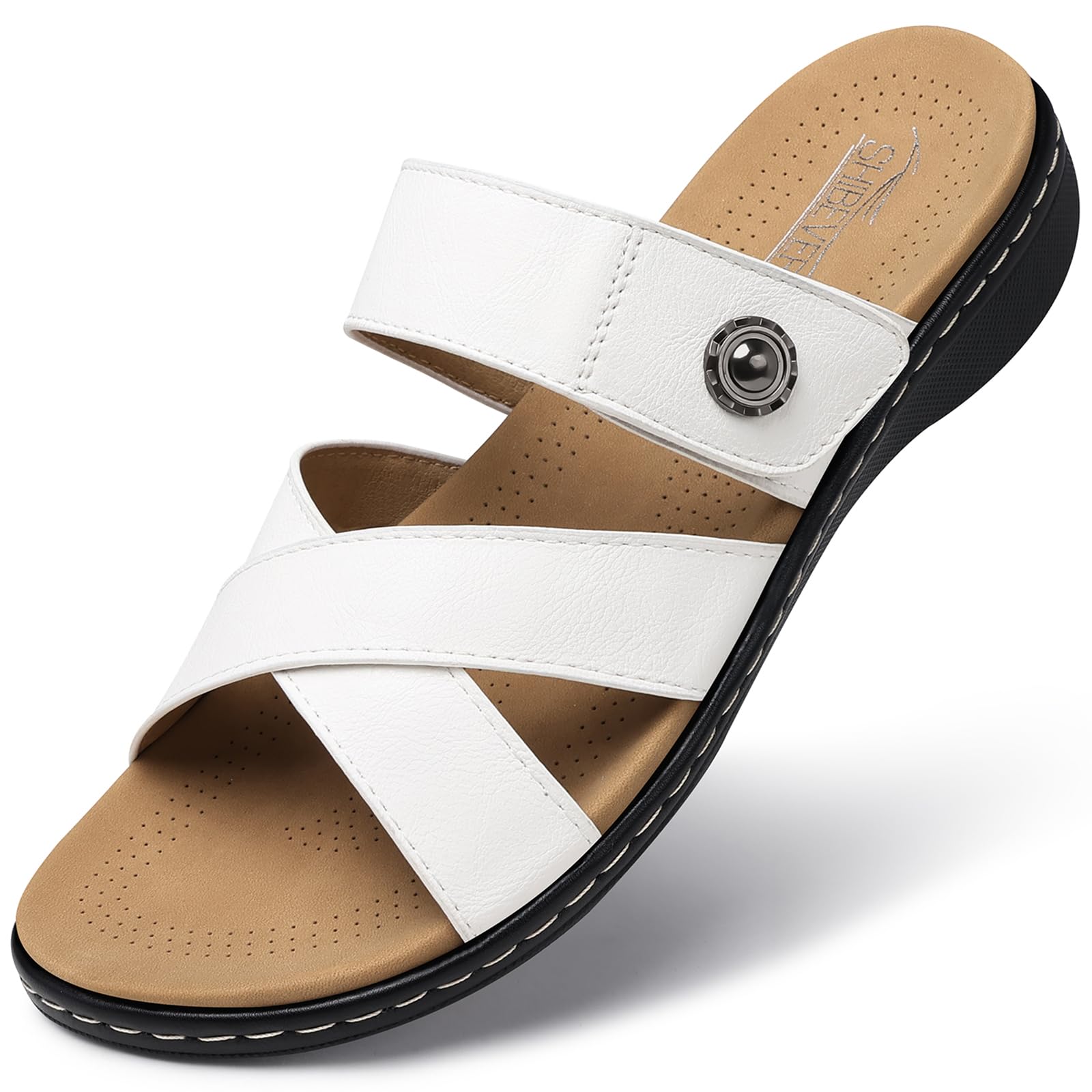 SHIBEVER Women Slides Summer Sandals: Arch Support, Comfort Walking, Adjustable Strap, Open Toe Flat Sandals Size 5-11