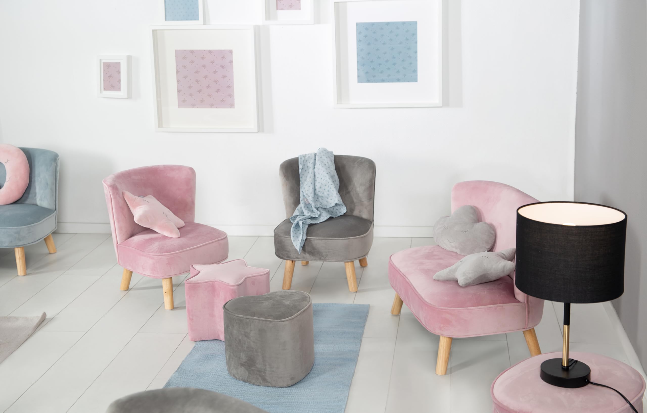 roba Kanapa dziecięca Lil Sofa dla dziewczynek i chłopców - Wygodna kanapa dla dzieci - Stabilne drewniane nóżki - Materiał z weluru w kolorze różowym