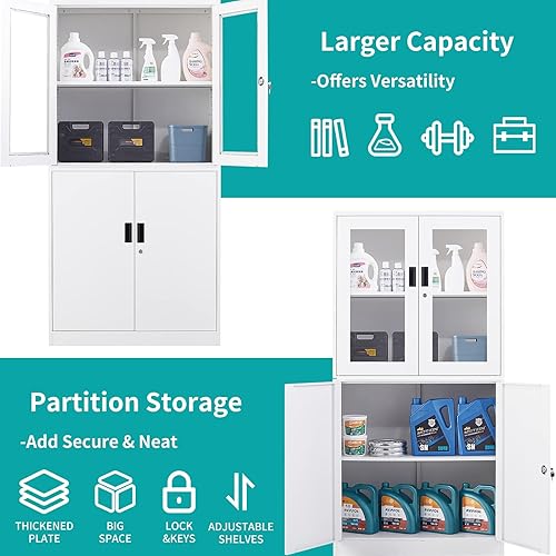 Miniatura 7 de MIIIKO Armario de almacenamiento de metal negro con puertas de cristal, armario de exhibición negro con estantes ajustables y puertas de bloqueo,