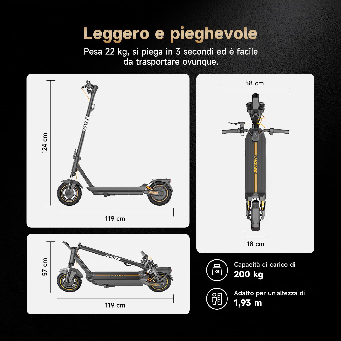 NAVEE Monopattino Elettrico Adulto G Series, Autonomia 75-50km, 10" Pneumatici tubeless, Sospensioni Quadruple, Blocco Bluetooth, TCS Anti-Scivolo, Pendenza 18-28%