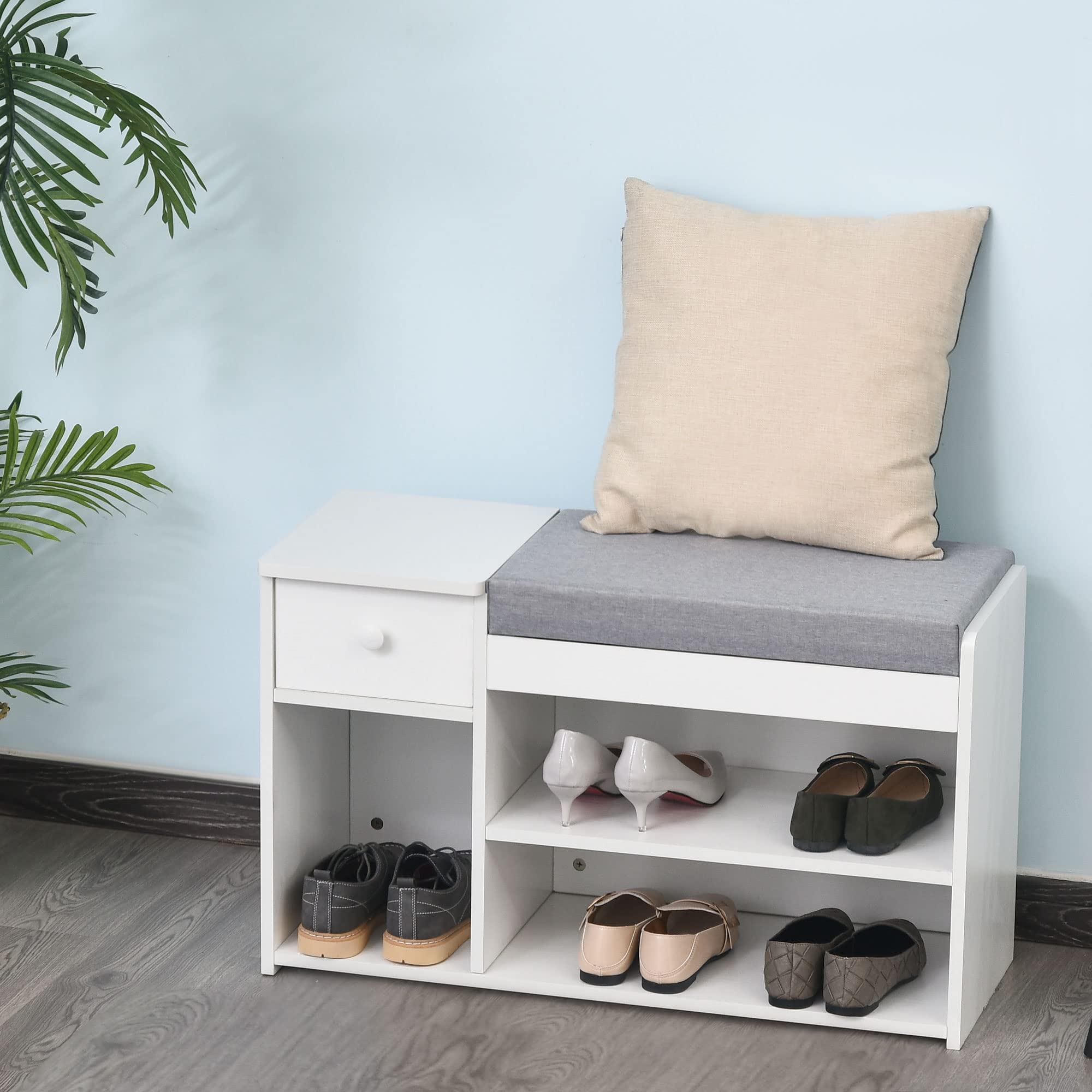 HOMCOM Panca Scarpiera con Cuscino, Cassetto e 3 Vani Aperti, Mobile per Ingresso in Legno 81x31.5x49cm, Bianco