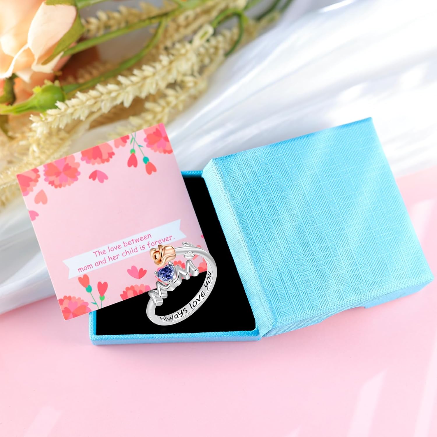 Rose Ring For Women, Flower Ring For Women, Sterling S925 Silver, Birthstone Ring for Mother from Son Daughter, Birthday Gift For Mom, Adjustable Ring, I Love You Mom - Image 3