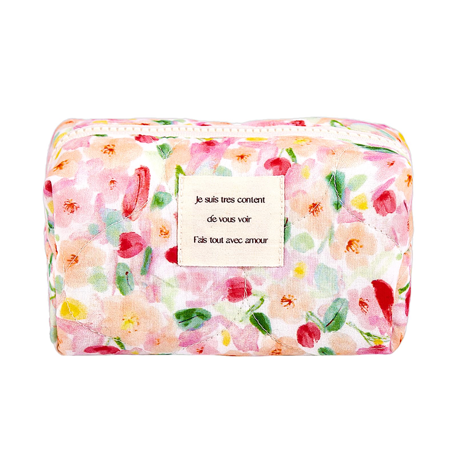 Sminra Floral Makeup Bag Small Travel Cotton Quilted Cosmetic Makeup Bag Organizer, Cute Coquette Aesthetic Zipper Portable Pouch Purse Toiletry Bag