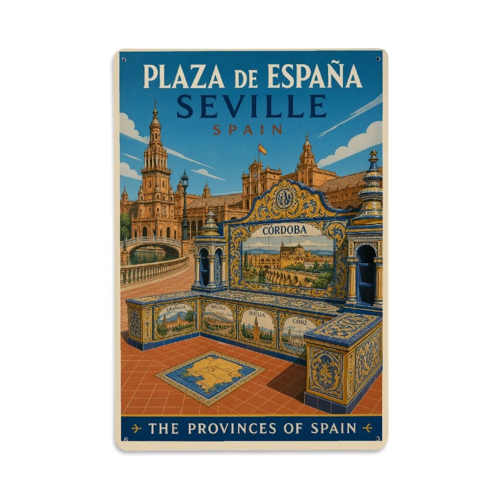Vintage Plaza Espana Mosaic Benches Provincial Scenes Spain Metal Tin Sign