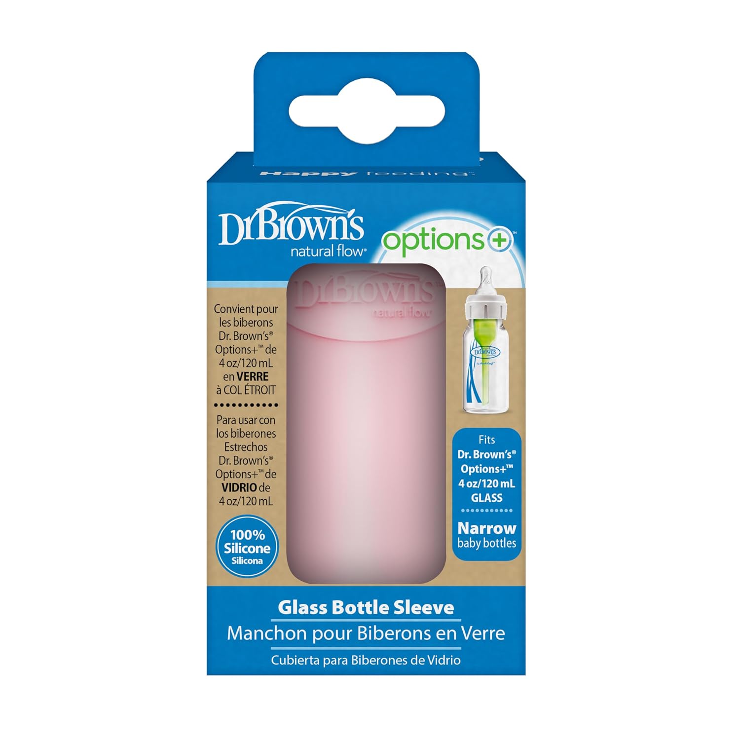 Dr. Brown's Options+ Narrow Glass Bottle Sleeve, 100% Silicone, Pink, BPA-Free, 4 oz, 12-Pack