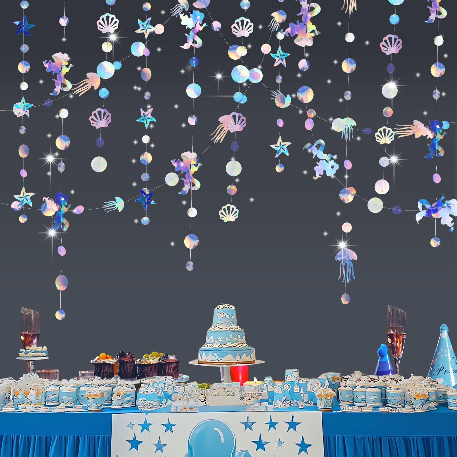 78 Ft Papier Girlande, 6 Stück 4m Hängende Iridescent Runde Garland, Bunt Glitzer Circle Dots Garland für Party Deko, Geburtstag, Hochzeitsdeko (Blau)